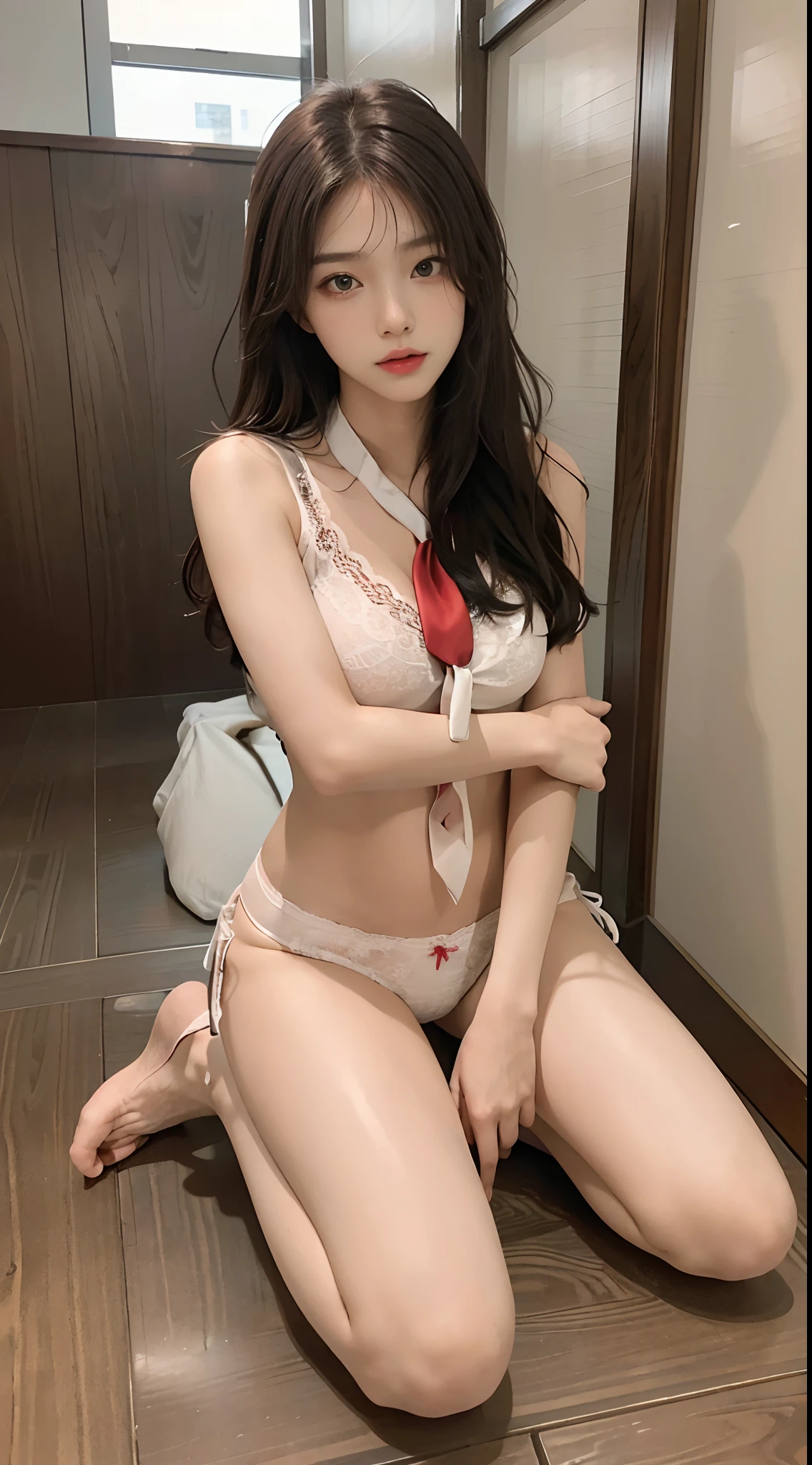 best quality, masterpiece: 1.1), (realistic, photo-realistic: 1.1),(a girl: 1.1) beautiful detailed eyes,(full body:1.3),A girl A girl kneels on the floor(solo)(JK black and white underwear),JK style,(JK long tie),((red underwear lace)), legs on both sides