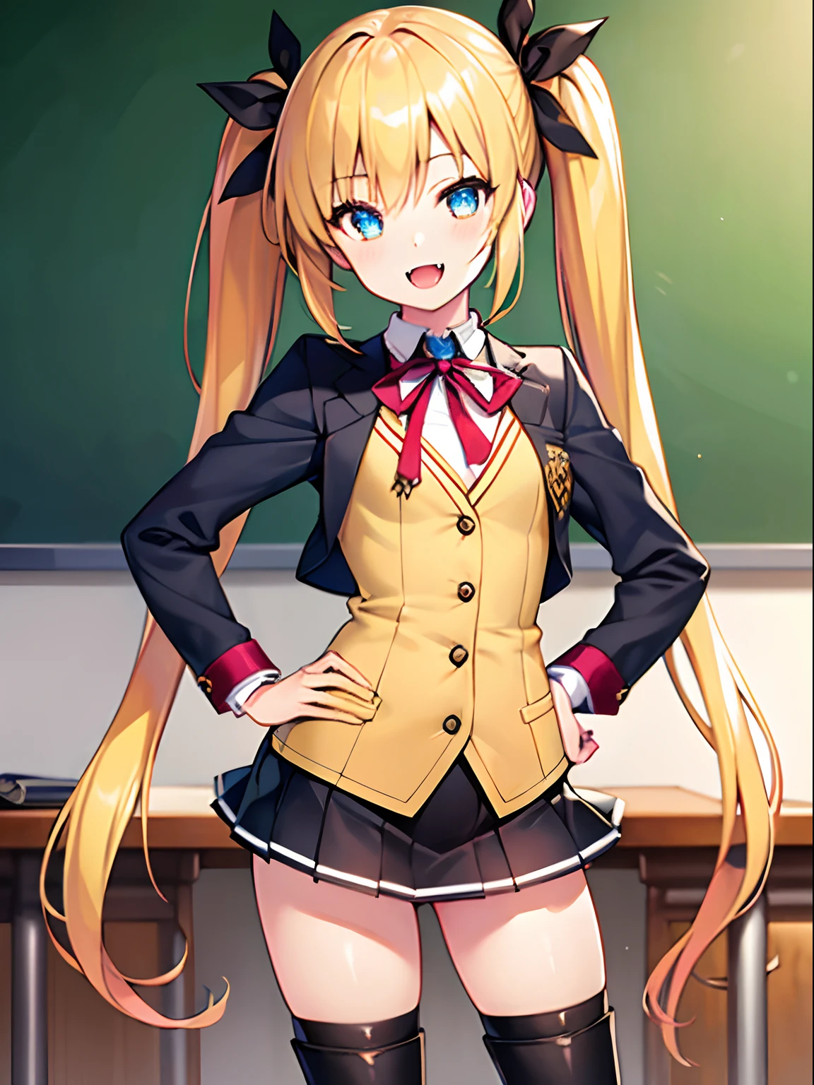 Highly detailed and realistic CG, Colorful, Masterpiece, Best Quality, magnificent, jewel-like eyes, 1girl, solo, ****, petite, cute girl, lemon yellow hair, wavy hair, very long twintails, gothic school uniform, black clothes, smile, standing, hand on hip, hand on hair, gothic ribbon, ribbon tie, classroom, small breasts, open mouth, fangs, miniskirt, gothic boots, from front, cowboy shot,