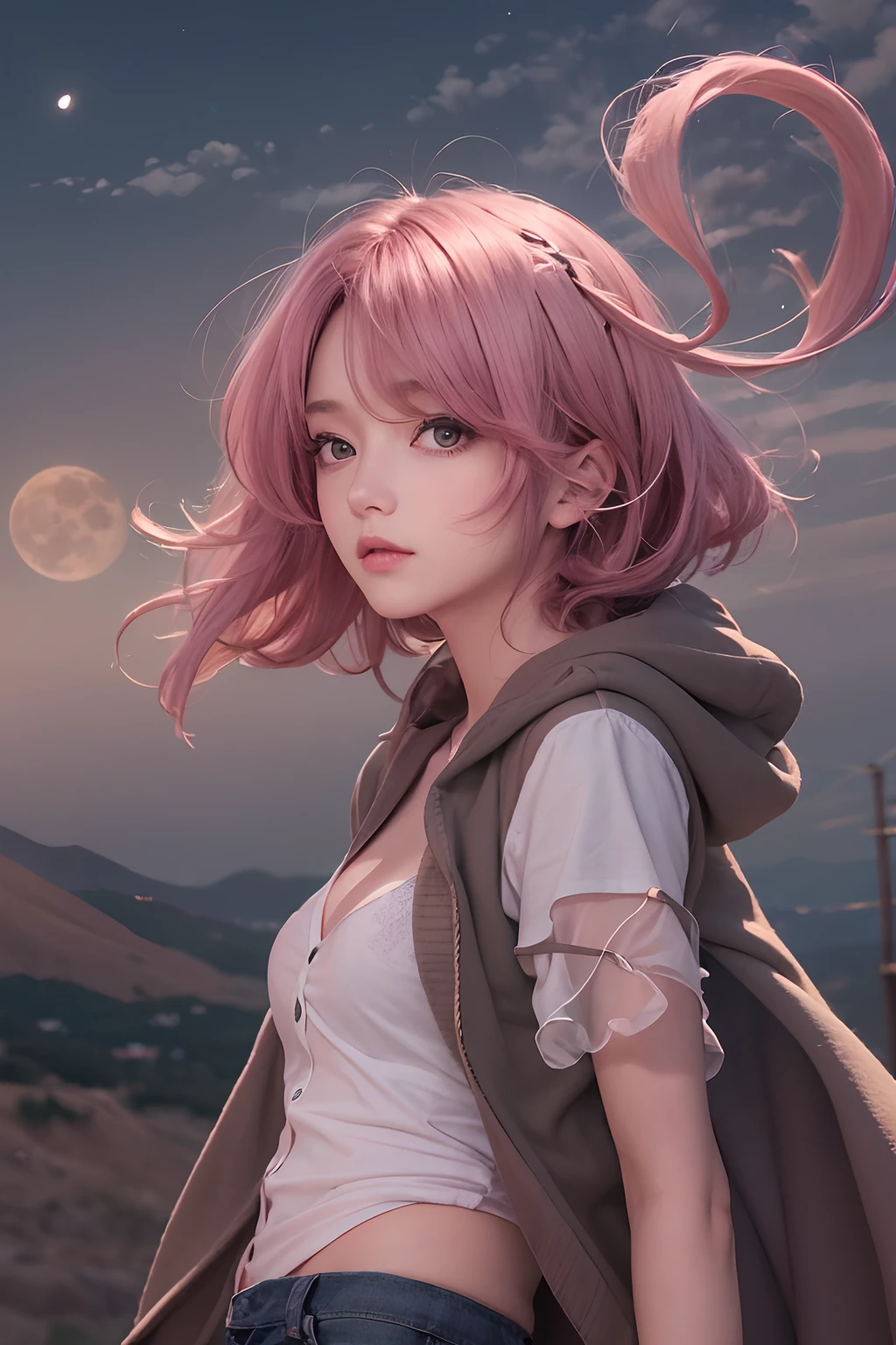 Masterpiece, Best quality, full_Moon, hilltop, Realistic, Real, Huge_filesize, the wallpaper, Girl, Medium hair, Pink hair, Disheveled hair, Beautiful detailed eyes, Medium breasts, shirt, Brown cardigan , Cape, Cardigan, Short shorts, thongs,