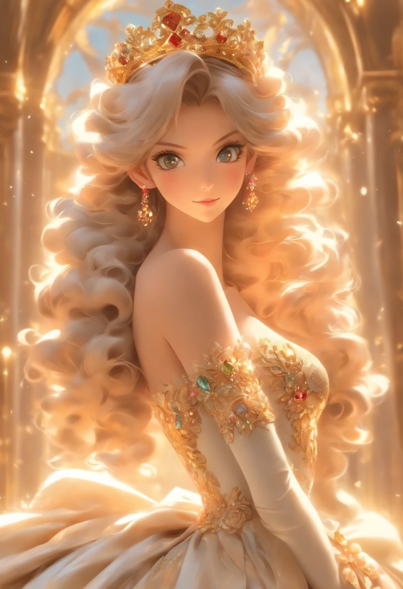 ((Anime Art Style)),(masutepiece),(Best Quality),(Super Detail),(Very delicate and beautiful),Solo,((full body Esbian,standing athletic pose)),Stand in the Royal Palace,((1 queen in rococo jewelry dress，Wear yours with a voluminous full-length hoop skirt)),(crinoline),gorgeous embroidery,((Gorgeous Gemstone Jewelry)),Detailed face and eyes,Eyes Like Gems,((Plenty of straight hair,Super long fluffy hair)),((Colossal tits,Long breasts,skin indentation)),gorgeous embroidery,cleavage,Very gorgeous hair accessories,(Very gorgeous gemstone tiara，Shining gold),Gorgeous corsage,(Dynamic Angle),view the viewer,((full body Esbian))