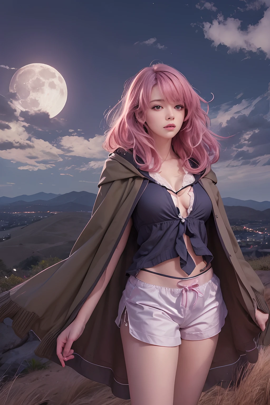 Masterpiece, Best quality, full_Moon, hilltop, Realistic, Real, Huge_filesize, the wallpaper, Girl, Medium hair, Pink hair, Disheveled hair, Beautiful detailed eyes, Medium breasts, shirt, Brown cardigan , Cape, Cardigan, Short shorts, thongs,