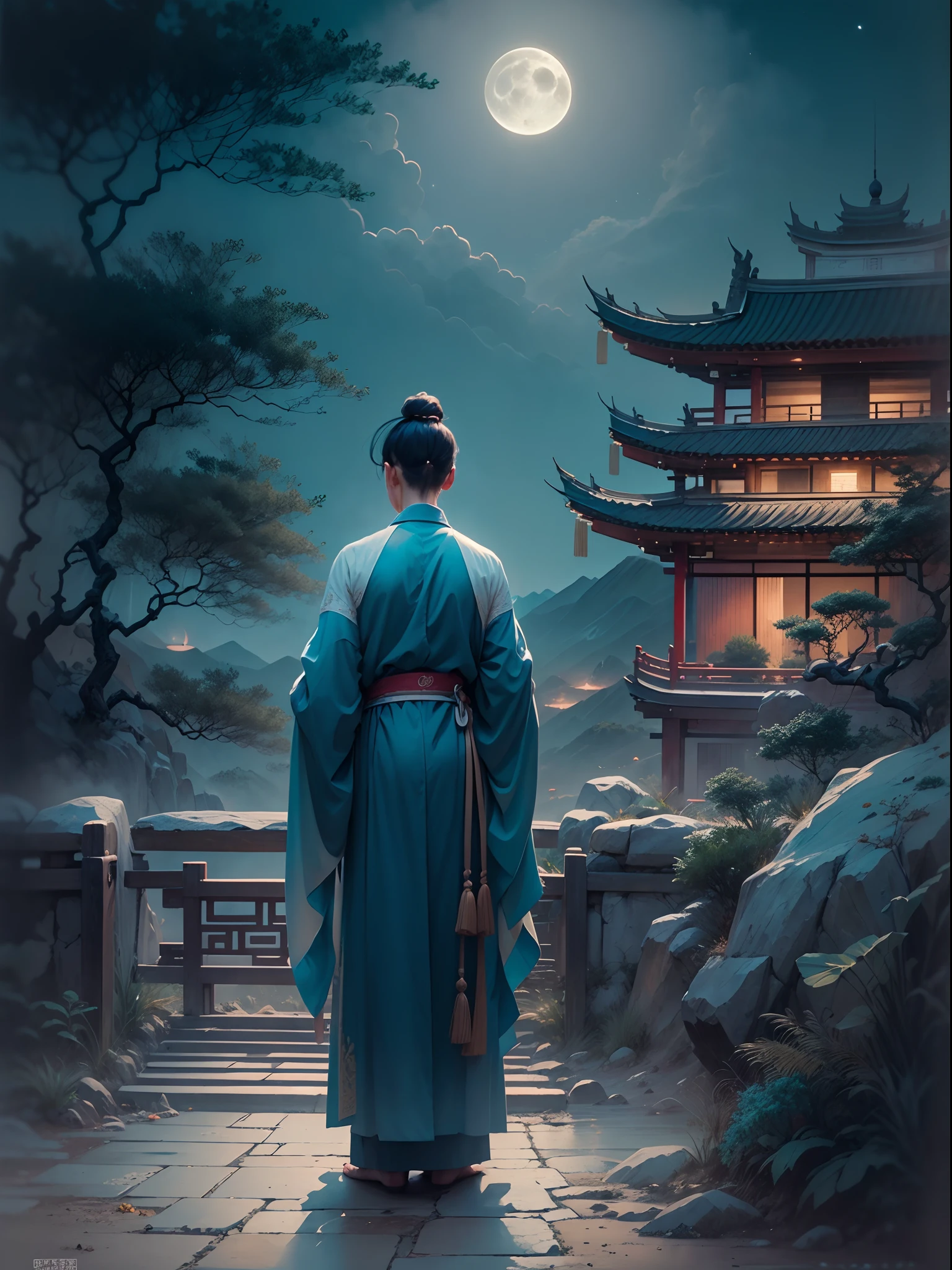 at night with moon light, A man in a robe stood, His back is to the audience, In a serene scene inspired by Chinese poetry. artwork of a, Created using oil painting techniques, It shows the beauty of traditional Chinese culture and the peaceful atmosphere of the moonlit night. The man's robe hangs elegantly, Grab your audience's attention. The moon in the sky shines brightly, casting a warm, Ethereal light all around. The scene showed the utmost attention to detail, Delicate brushstrokes and delicate textures, Make a masterpiece. The color palette is rich and evocative, The deep blue and pastel tones are reminiscent of traditional Chinese ink painting. The composition of the artwork highlights the silhouette of the man against the background of the moon, Emphasis on mystery and contemplation. Overall, The artwork conveys a sense of peace, spirituality, and the deep connection between nature and human nature depicted in ancient Chinese poetry. (Best quality, Ultra-detailed, A high resolution, Masterpiece:1.2), Traditional Chinese culture, Moonlit landscape, tranquil ambiance, Oil painting, Elegant robes, Complex brushstrokes, Fine texture, Ethereal moonshine, vivid palette, Inspired by ancient poetry.