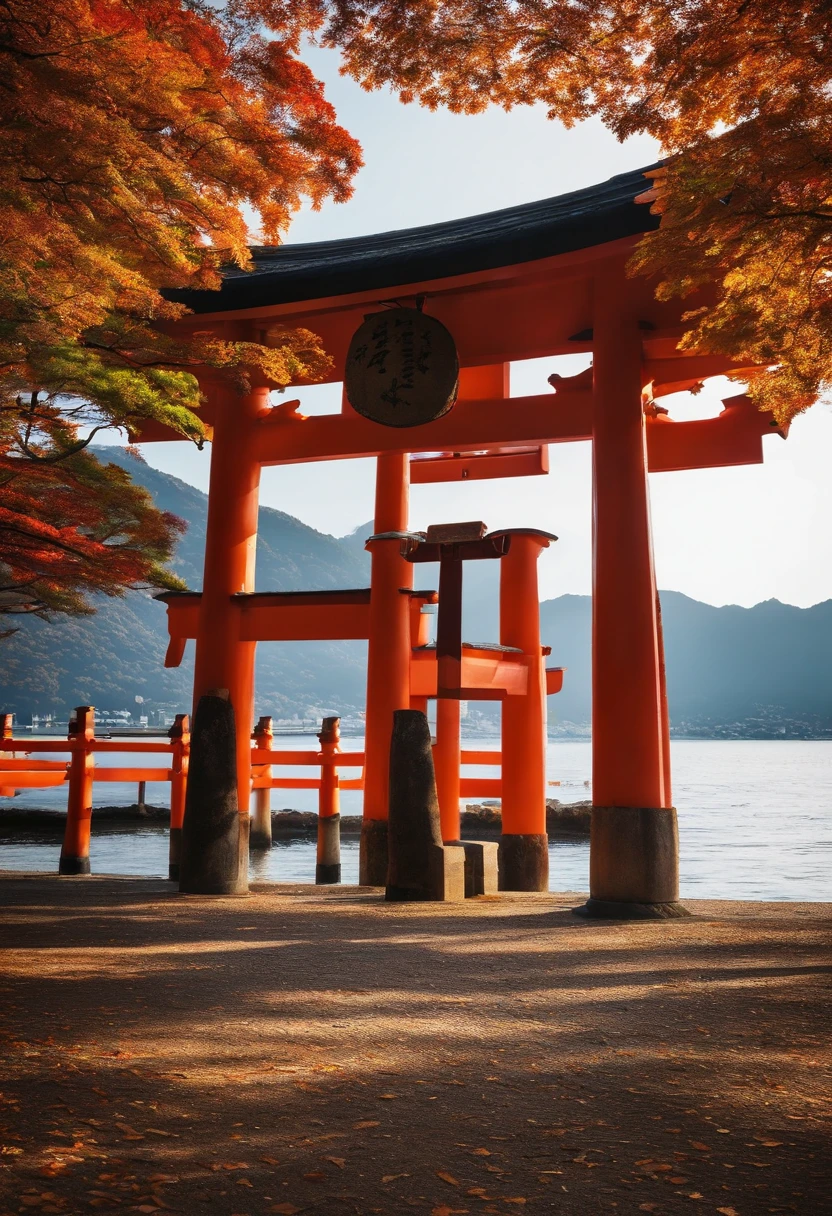 Scenery of Itsukushima Shrine's large torii gate and autumn leaves