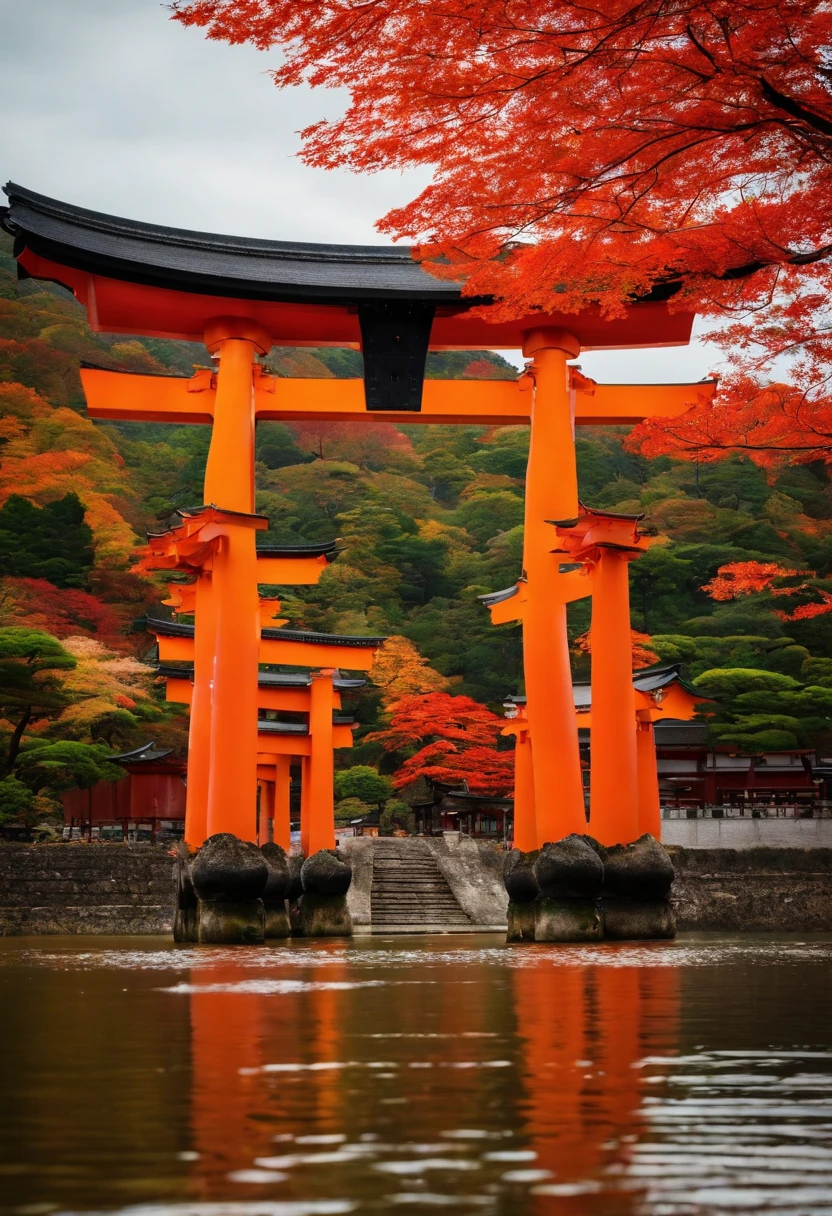Scenery of Itsukushima Shrine's large torii gate and autumn leaves