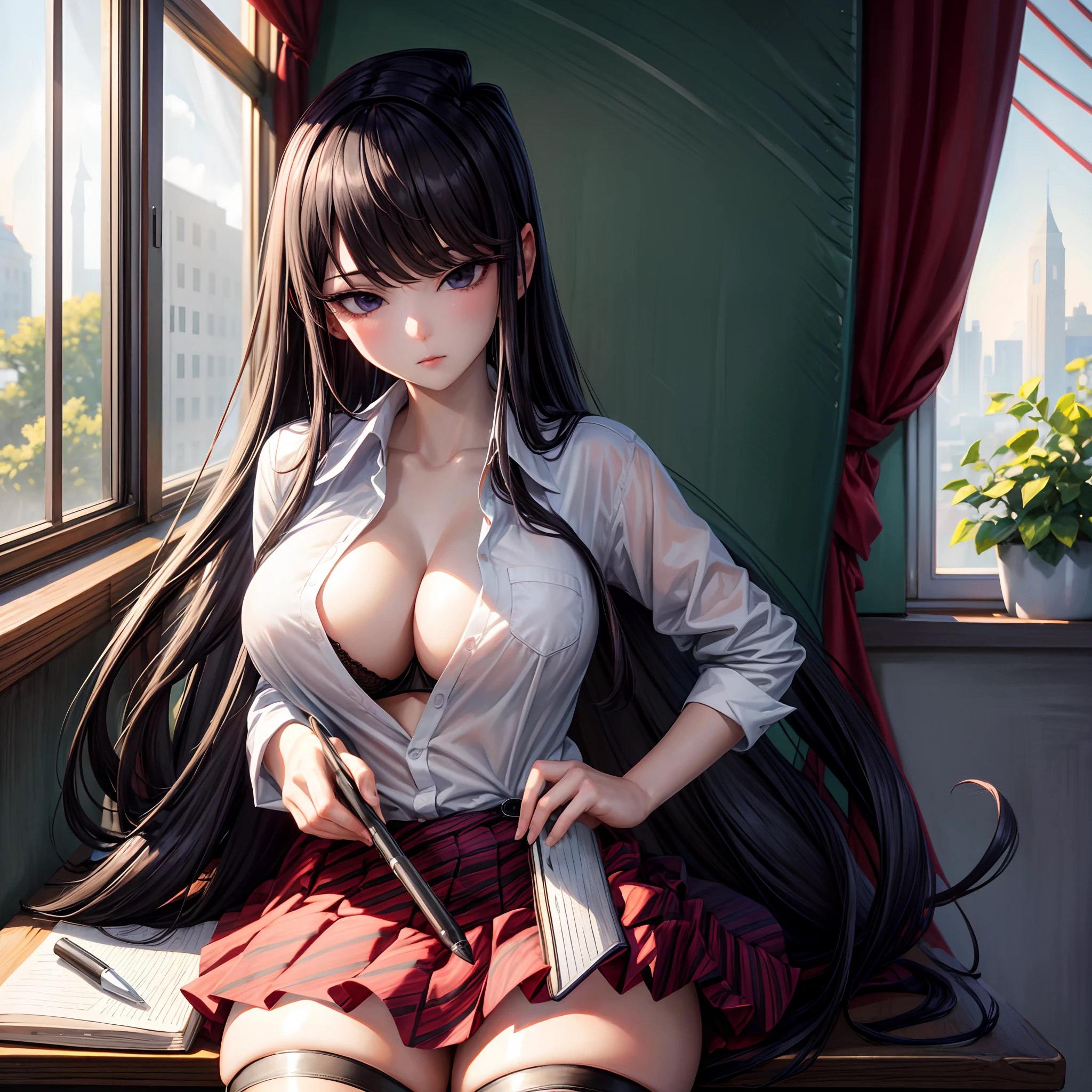 Masterpiece, best quality, highres, highly detailed, 1 girl, long hair, black hair, lavender eyes, large breast, unbottened dark blue blazer, unbottened white shirt, black bra, red skirt, black stocking, inside classroom, sitting on top the table, book, pen, ruler, looking at viewers,