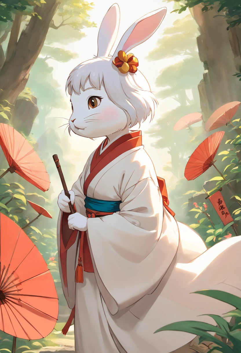 There is a rabbit,Chinese round fan in hand, Rabbit, A rabbit, White rabbit, Rabbit_Bunny,, anthropomorphic rabbit, the white rabbit, With a fan, Rabbit ears, Rabbit in Hanfu, Rabbit in Chinese costume, Rabbit in white hanfu, Traditional Chinese clothing, with acient chinese clothes, full-body xianxia, Chinese style, Chinese costume, 8K))inspired by Kanbun Master, in style of hayao miyazaki, rabbit face only, studio ghibli filter, edgBunny_Character