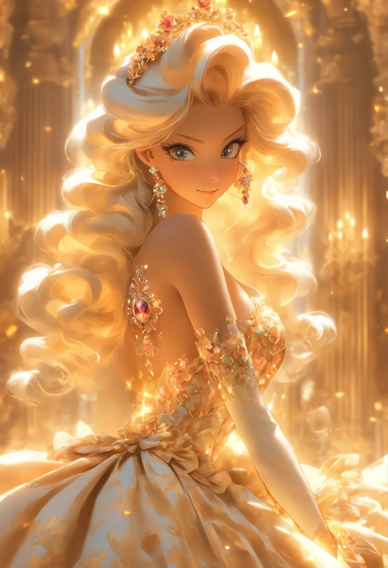 ((Anime Art Style)),(masutepiece),(Best Quality),(Super Detail),(Very delicate and beautiful),Solo,((full body Esbian,standing athletic pose)),Stand in the Royal Palace,((1 queen in rococo jewelry dress,Wear yours with a voluminous full-length hoop skirt)),(crinoline),gorgeous embroidery,((Gorgeous Gemstone Jewelry)),Detailed face and eyes,Eyes Like Gems,((Plenty of straight hair,Super long fluffy hair)),((Colossal tits,Long breasts,skin indentation)),gorgeous embroidery,cleavage,Very gorgeous hair accessories,(Very gorgeous gemstone tiara,Shining gold),Gorgeous corsage,(Dynamic Angle),view the viewer,((full body Esbian))