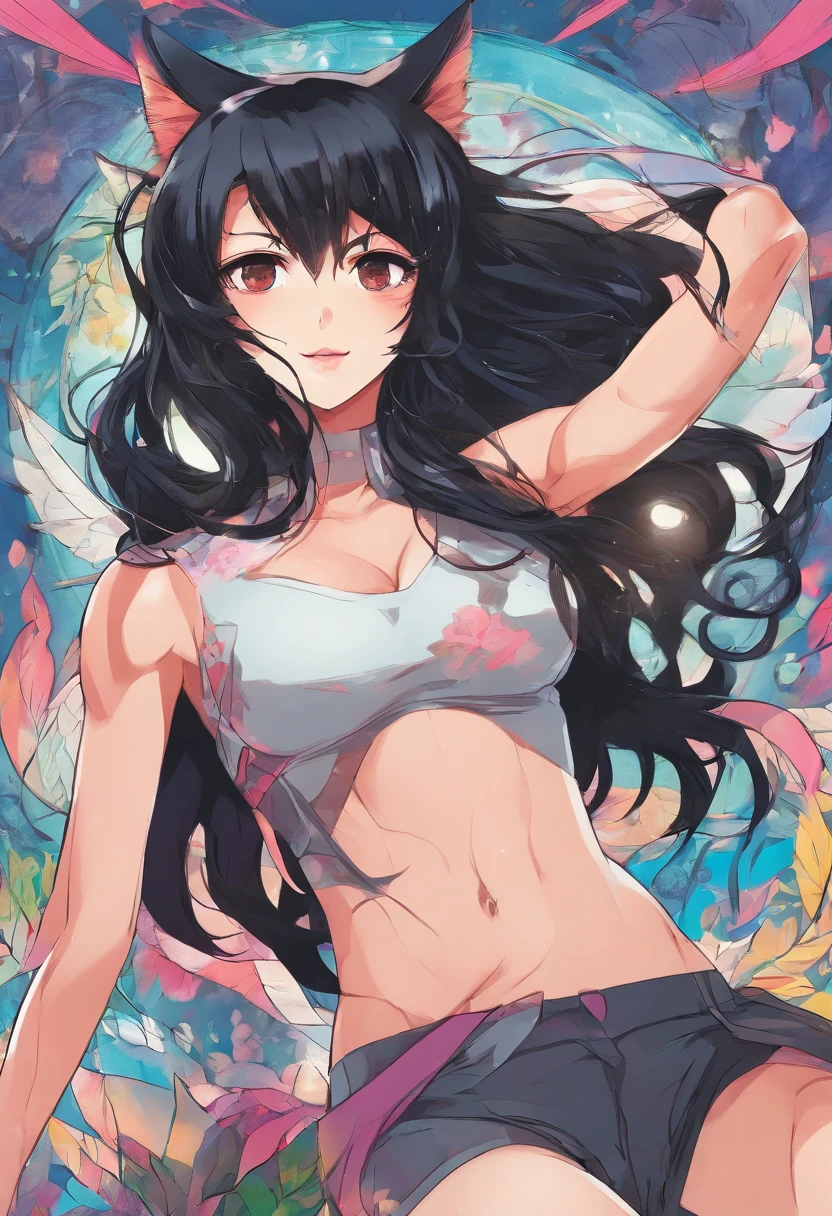 (masterpiece), best quality, expressive eyes, perfect face, ung woman, (((((solo))))), long hair, (((black hair))), (((green eyes))), ((showing belly belly))), (((neckline))), (((one of the arms raised))), (((fixing the hair))), (((mischievous smile))), (((Short tank top))), (((white tank top))), (((purple panties))), (((transparent panties))), (((panties with lace))), (large breasts), (thick thighs), (((flushed))), (((bangs))), (((Image showing the top of the up)))), (((white background))), (((simple background))))