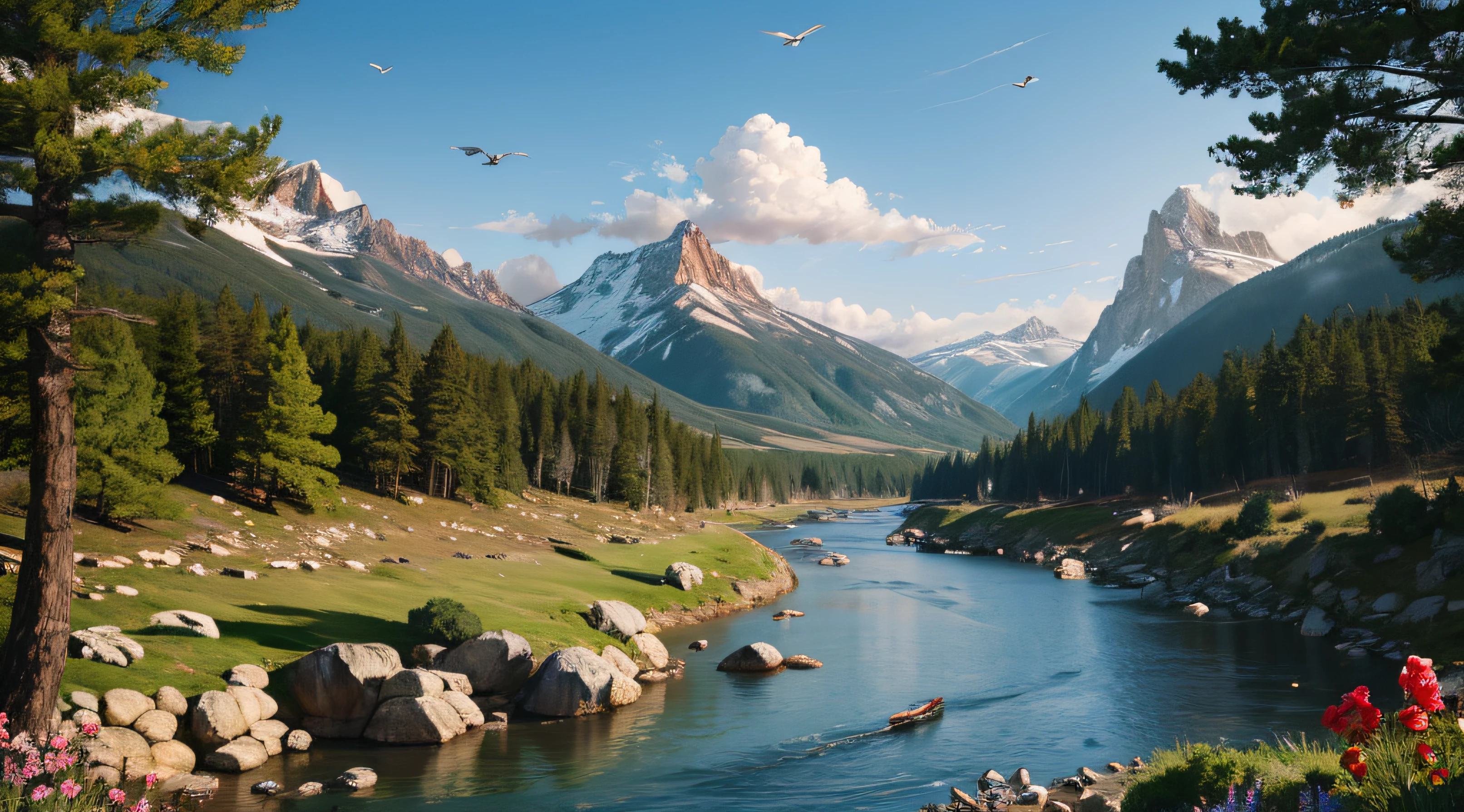 painting of a river flowing through a valley, scenic background of tall woods and big mountains, grass meadow, small shrubs with flowers, Rockey shoar, birds in the sky, birds in the sky, view from the river shore, detailed scenery, HD quality, Highly detailed digital painting, time morning 6:00 AM