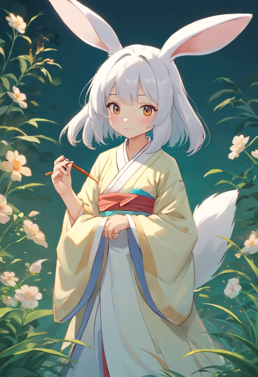 There is a rabbit,Chinese round fan in hand, Rabbit, A rabbit, White rabbit, Rabbit_Bunny,, anthropomorphic rabbit, the white rabbit, With a fan, Rabbit ears, Rabbit in Hanfu, Rabbit in Chinese costume, Rabbit in white hanfu, Traditional Chinese clothing, with acient chinese clothes, full-body xianxia, Chinese style, Chinese costume, 8K))inspired by Kanbun Master, in style of hayao miyazaki, rabbit face only, studio ghibli filter, edgBunny_Character