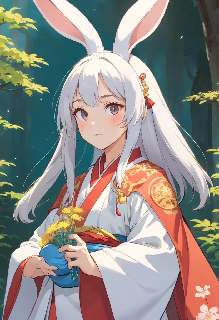 There is a rabbit,Chinese round fan in hand, Rabbit, A rabbit, White rabbit, Rabbit_Bunny,, anthropomorphic rabbit, the white rabbit, With a fan, Rabbit ears, Rabbit in Hanfu, Rabbit in Chinese costume, Rabbit in white hanfu, Traditional Chinese clothing, with acient chinese clothes, full-body xianxia, Chinese style, Chinese costume, 8K))inspired by Kanbun Master, in style of hayao miyazaki, rabbit face only, studio ghibli filter, edgBunny_Character