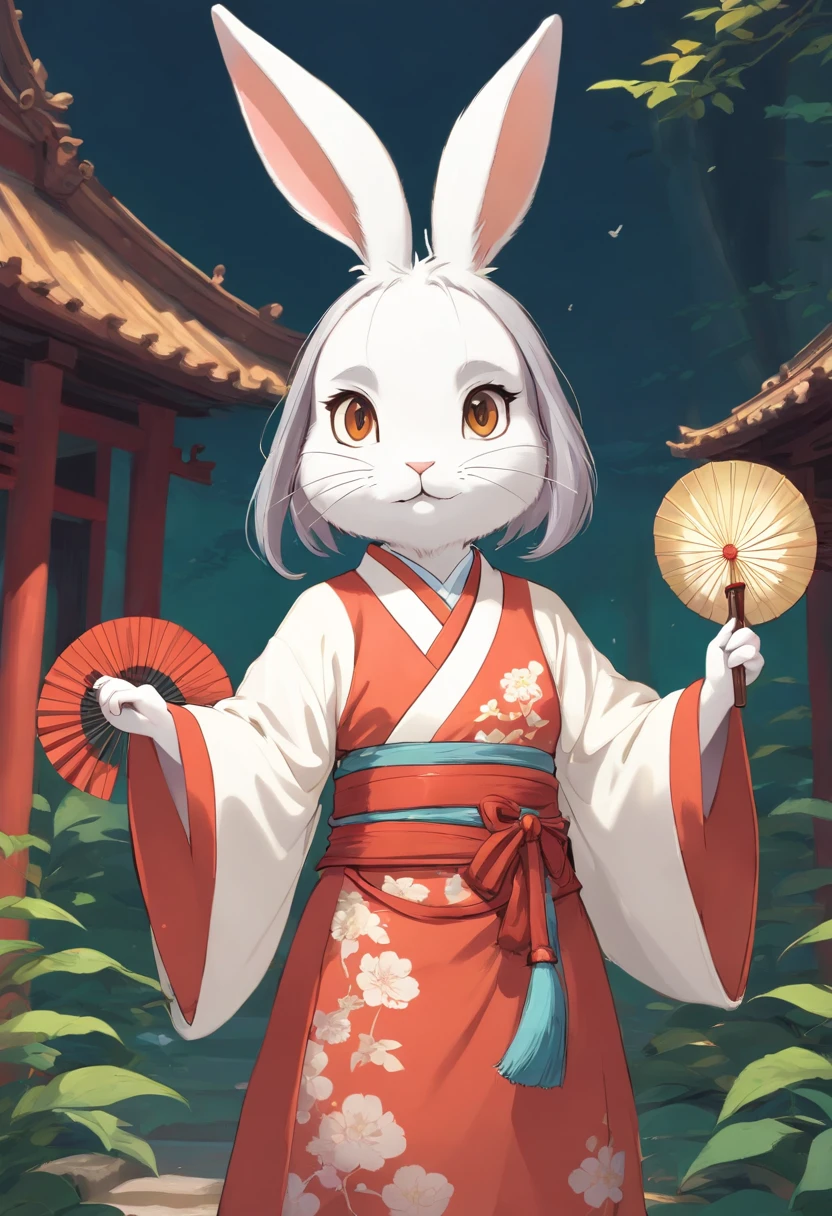 There is a rabbit,Chinese round fan in hand, Rabbit, A rabbit, White rabbit, Rabbit_Bunny,, anthropomorphic rabbit, the white rabbit, With a fan, Rabbit ears, Rabbit in Hanfu, Rabbit in Chinese costume, Rabbit in white hanfu, Traditional Chinese clothing, with acient chinese clothes, full-body xianxia, Chinese style, Chinese costume, 8K))inspired by Kanbun Master, in style of hayao miyazaki, rabbit face only, studio ghibli filter, edgBunny_Character
