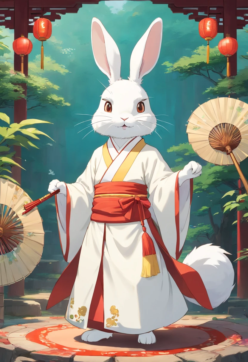 There is a rabbit,Chinese round fan in hand, Rabbit, A rabbit, White rabbit, Rabbit_Bunny,, anthropomorphic rabbit, the white rabbit, With a fan, Rabbit ears, Rabbit in Hanfu, Rabbit in Chinese costume, Rabbit in white hanfu, Traditional Chinese clothing, with acient chinese clothes, full-body xianxia, Chinese style, Chinese costume, 8K))inspired by Kanbun Master, in style of hayao miyazaki, rabbit face only, studio ghibli filter, edgBunny_Character