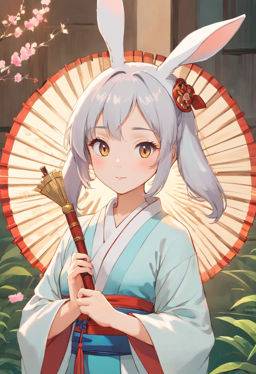 There is a rabbit,Chinese round fan in hand, Rabbit, A rabbit, White rabbit, Rabbit_Bunny,, anthropomorphic rabbit, the white rabbit, With a fan, Rabbit ears, Rabbit in Hanfu, Rabbit in Chinese costume, Rabbit in white hanfu, Traditional Chinese clothing, with acient chinese clothes, full-body xianxia, Chinese style, Chinese costume, 8K))inspired by Kanbun Master, in style of hayao miyazaki, rabbit face only, studio ghibli filter, edgBunny_Character
