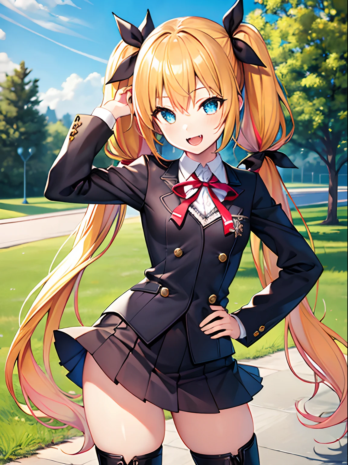 Highly detailed and realistic CG, Colorful, Masterpiece, Best Quality, magnificent, jewel-like eyes, 1girl, solo, ****, petite, cute girl, lemon yellow hair, wavy hair, very long twintails, gothic school uniform, black clothes, smile, standing, hand on hip, hand on hair, gothic ribbon, ribbon tie, outdoors, school ground, small breasts, open mouth, fangs, miniskirt, gothic boots, from front, cowboy shot,