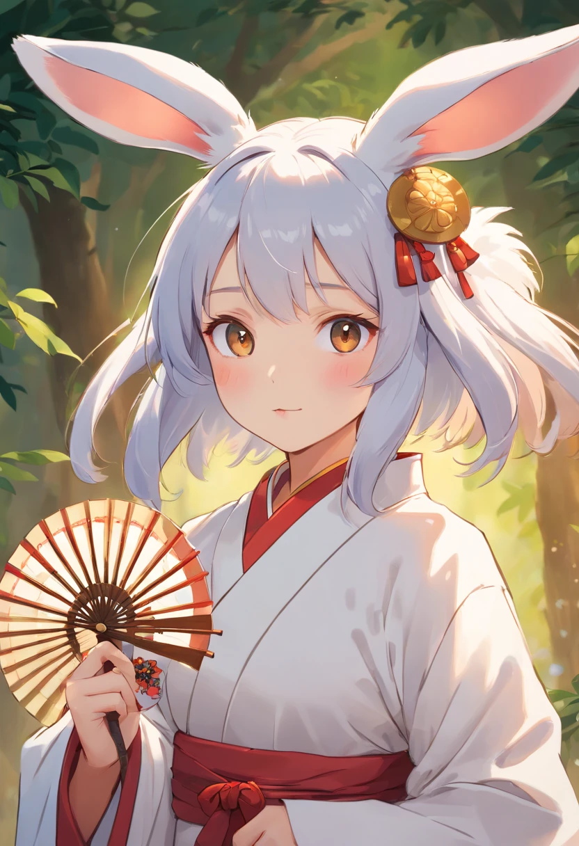 There is a rabbit,Chinese round fan in hand, Rabbit, A rabbit, White rabbit, Rabbit_Bunny,, anthropomorphic rabbit, the white rabbit, With a fan, Rabbit ears, Rabbit in Hanfu, Rabbit in Chinese costume, Rabbit in white hanfu, Traditional Chinese clothing, with acient chinese clothes, full-body xianxia, Chinese style, Chinese costume, 8K))inspired by Kanbun Master, in style of hayao miyazaki, rabbit face only, studio ghibli filter, edgBunny_Character