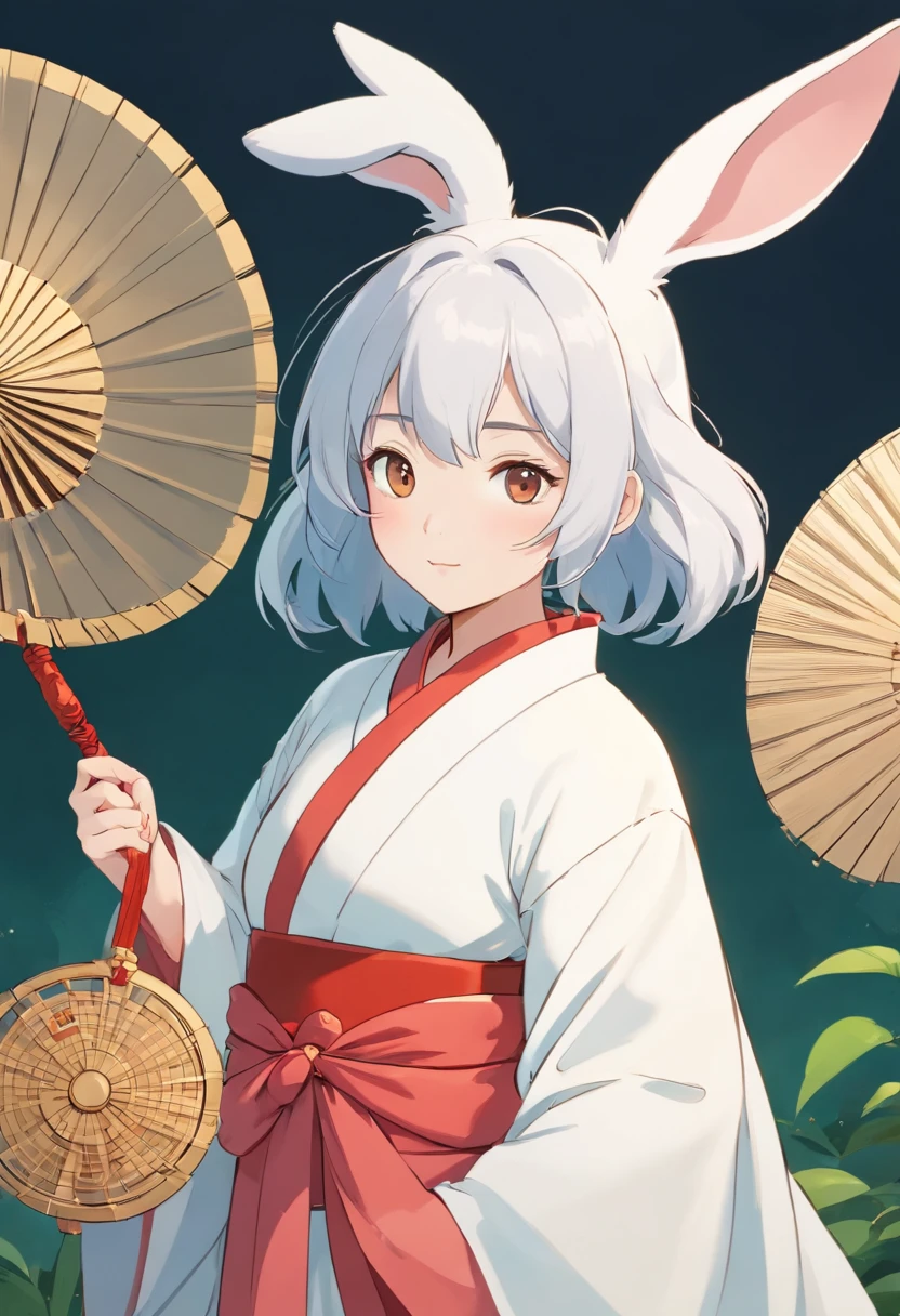 There is a rabbit,Chinese round fan in hand, Rabbit, A rabbit, White rabbit, Rabbit_Bunny,, anthropomorphic rabbit, the white rabbit, With a fan, Rabbit ears, Rabbit in Hanfu, Rabbit in Chinese costume, Rabbit in white hanfu, Traditional Chinese clothing, with acient chinese clothes, full-body xianxia, Chinese style, Chinese costume, 8K))inspired by Kanbun Master, in style of hayao miyazaki, rabbit face only, studio ghibli filter, edgBunny_Character