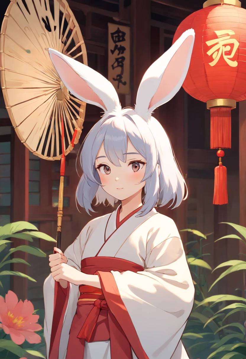 There is a rabbit,Chinese round fan in hand, Rabbit, A rabbit, White rabbit, Rabbit_Bunny,, anthropomorphic rabbit, the white rabbit, With a fan, Rabbit ears, Rabbit in Hanfu, Rabbit in Chinese costume, Rabbit in white hanfu, Traditional Chinese clothing, with acient chinese clothes, full-body xianxia, Chinese style, Chinese costume, 8K))inspired by Kanbun Master, in style of hayao miyazaki, rabbit face only, studio ghibli filter, edgBunny_Character