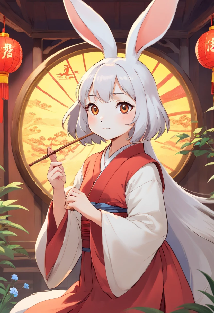 There is a rabbit,Chinese round fan in hand, Rabbit, A rabbit, White rabbit, Rabbit_Bunny,, anthropomorphic rabbit, the white rabbit, With a fan, Rabbit ears, Rabbit in Hanfu, Rabbit in Chinese costume, Rabbit in white hanfu, Traditional Chinese clothing, with acient chinese clothes, full-body xianxia, Chinese style, Chinese costume, 8K))inspired by Kanbun Master, in style of hayao miyazaki, rabbit face only, studio ghibli filter, edgBunny_Character