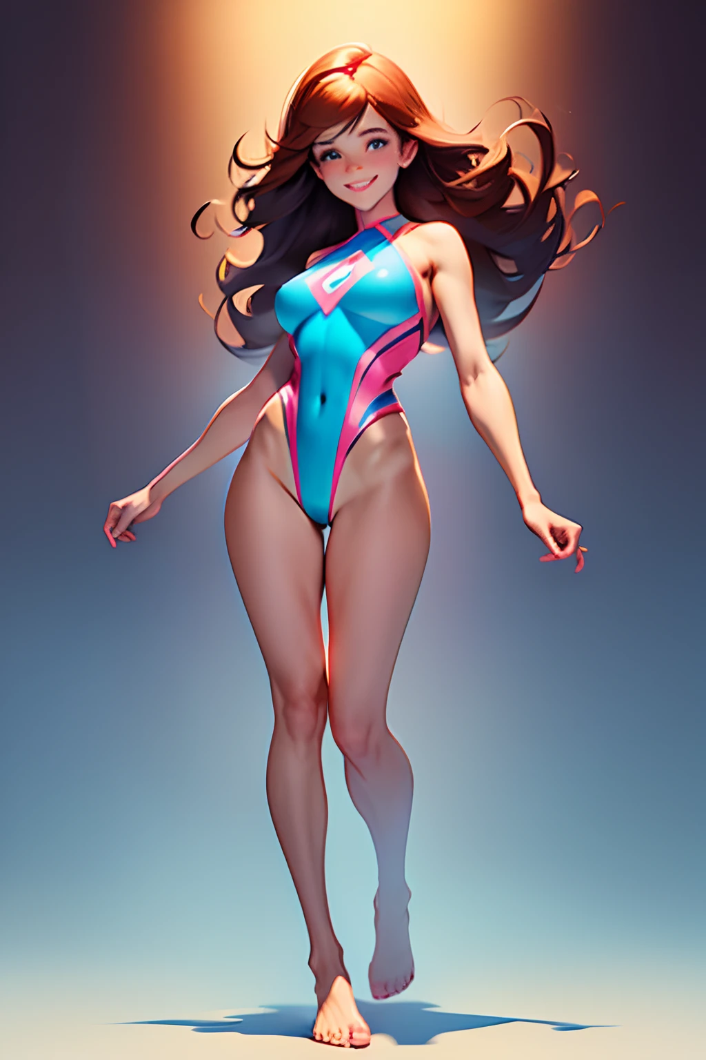 full body view of adult Emma Watson as D.VA from overwatch in her classic blue and pink textile full  uniform standing still looking at viewer, slim body, long wavy brown red floating hair, bangs, cute smile, shy grin, Full body, Perfect composition golden ratio, masterpiece, best quality, 4k, sharp focus, perfect , no shoes, beautiful feet, full body, full body shot, 1girl, action pose, big breasts, blue , full body,  background, no shoes,  feet,  feet, beautiful feet,thick thighs, thigh gap, , big breasts, hard , perky tits,