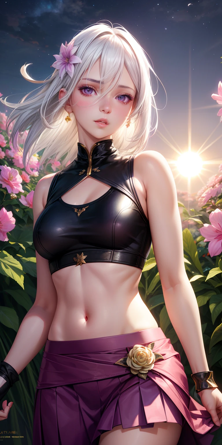realistic, 1girl, white hair, purple eyes, glowing eyes, crop top, skirt, parted lips, blush, night, flowers, sun, sunlight,HD quality, masterpiece