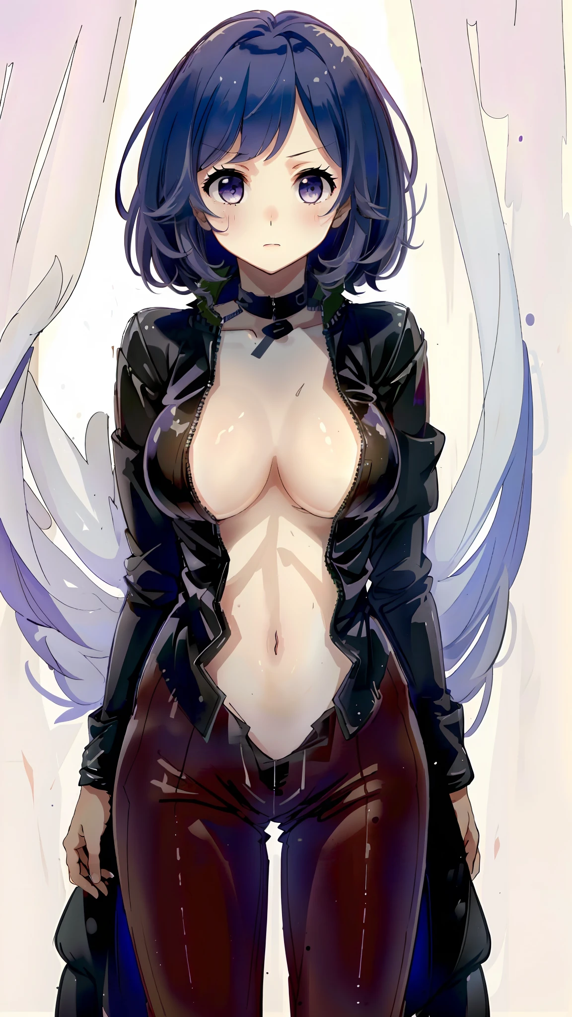 ((((masterpiece, best quality, high resolution)))), latex bikesuit, (1girl:1.5), (large breasts: 1.2), solo, cleavage, white hair, bob cut, purple eyes, looking at viewer,  white background, simple background, arms behind back, cowboy shot, white hair, bob cut, full-length zipper, open clothes, open chest