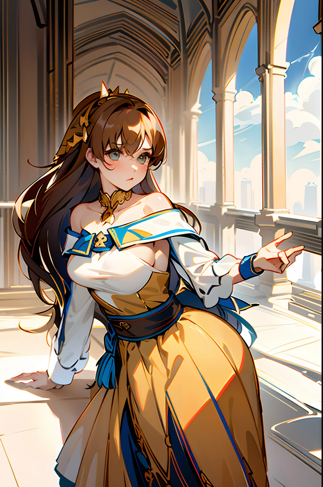 1girl(fate grand order, Leonardo da Vinci, brown straight hair, light blue eyes, big breast, blue opera length gloves, bule long tights, short boots), simple back ground,