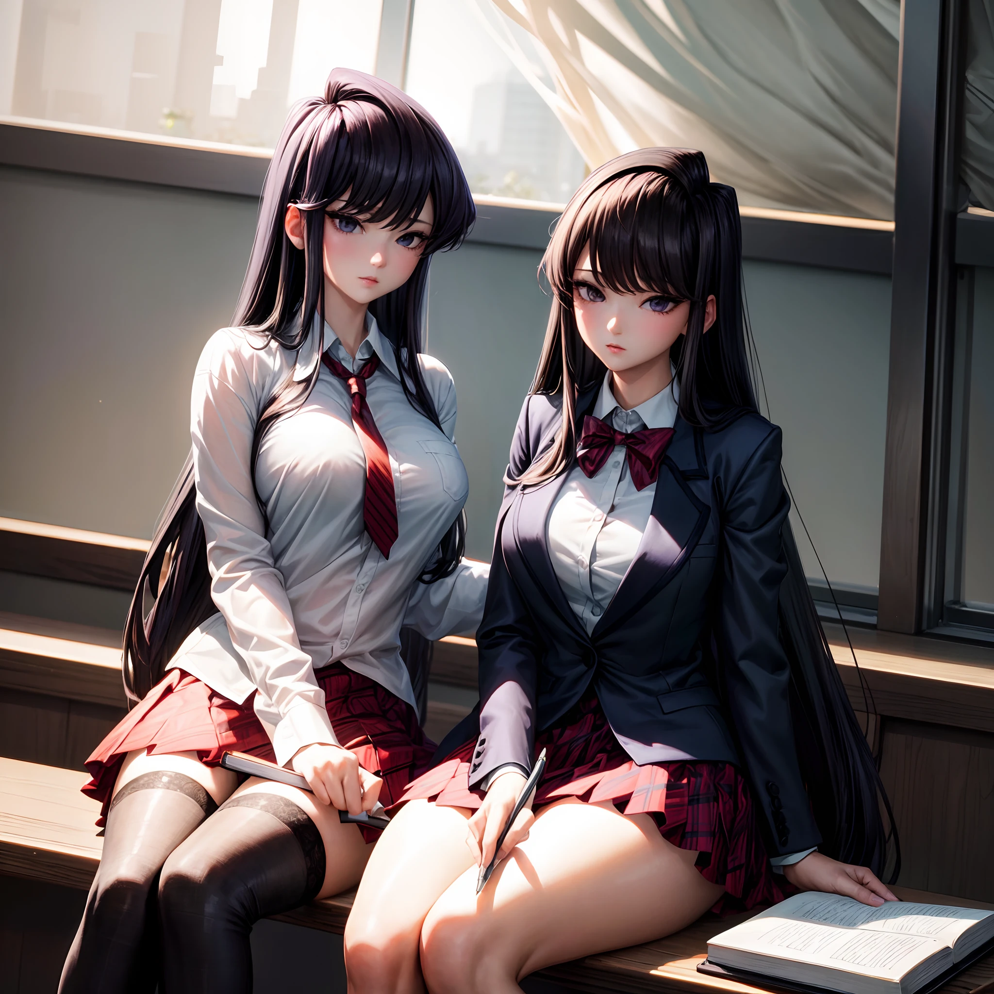 Masterpiece, best quality, highres, highly detailed, 1 girl, long hair, black hair, lavender eyes, large breast, unbottened dark blue blazer, unbottened white shirt, black bra, red skirt, black stocking, inside classroom, sitting on top the table, book, pen, ruler, looking at viewers,