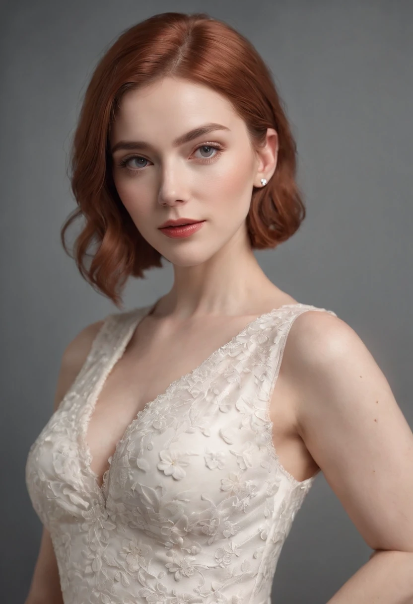 photoshoot of deborahWolf1, (redhair), (short hair cut),detailed skin texture, (blush:0.2), (goosebumps:0.3), (white floral dress), subsurface scattering, Photorealistic, Hyperrealistic, Hyperdetailed, analog style, hip cocked, demure, detailed skin, matte skin, soft lighting, subsurface scattering, realistic, heavy shadow, masterpiece, best quality, ultra realistic, 8k, golden ratio, Intricate, High Detail, film photography,upper body, hips up, seductive secretary, office