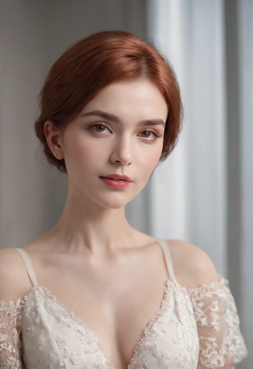 photoshoot of deborahWolf1, (redhair), (short hair cut),detailed skin texture, (blush:0.2), (goosebumps:0.3), (white floral dress), subsurface scattering, Photorealistic, Hyperrealistic, Hyperdetailed, analog style, hip cocked, demure, detailed skin, matte skin, soft lighting, subsurface scattering, realistic, heavy shadow, masterpiece, best quality, ultra realistic, 8k, golden ratio, Intricate, High Detail, film photography,upper body, hips up, seductive secretary, office