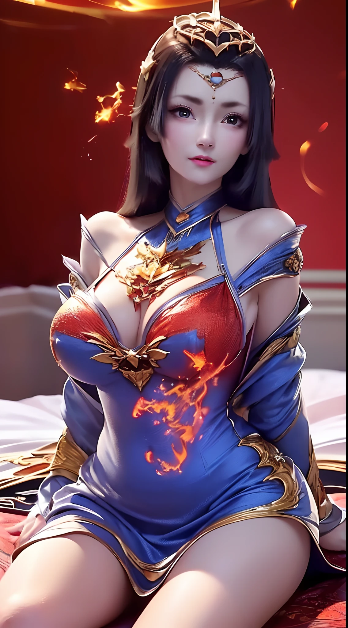 An extremely beautiful princess, ((wearing a sexy, ultra-thin 2-strap short nightgown in red color:1.8)), nightgown with deep slit in the chest, sexy red lace short nightgown, ((supine position with chest up:1.5)), sexy nightgown style, long shiny black hair, the most beautiful and detailed hair jewelry, beautiful little face thin eyebrows, the most beautiful and spotless face, ((black iris:0.8)), the very beautiful eyes, big round eyes, ((Brown eyes:1.1)), fine and detailed makeup eyelashes, high nose, wearing earrings, small red lips, rosy face, clean face, beautiful face without blemish, smooth white skin, ((big breasts: 0.9)), Blums boobs, ((big and super round breasts:0.9)), ((super tight breasts:1.2)), ((breast augmentation: 0.8)), beautiful breasts, slim and petite body, ((thin waist: 0.9)), upper body of a beautiful girl, sexy girl, ((Open your legs: 1.6)), unashamed, ((chubby body:1.6)), ((blue fire effect:1.6)), 8k photo, super high quality, super realistic, 10x super pixels, photo realistic, dark studio, border light, two tone light, (detailed skin high: 1.2), 8k uhd, dslr, soft light, high quality, volumetric light, candid, Photo, high resolution, light, best photo, 4k quality, 8k, Bokeh, Smooth and sharp, pixel up 10 times, lightning, super graphics, the most realistic graphics, (((Luxurious bedroom and bed background: 1.6))), 1 girl, alone, solo, ((frontal portrait:1.5)), Extremely sharp, super realistic images."