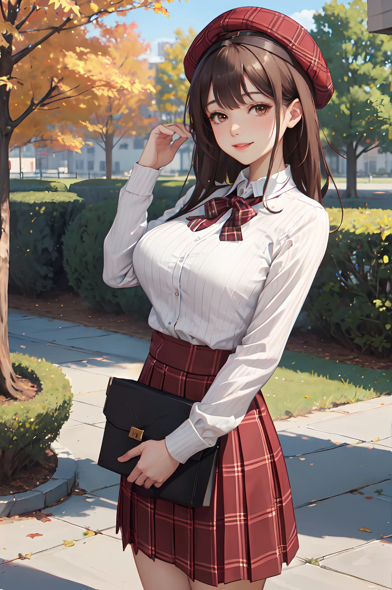 1lady standing, mature female, /(ribbed shirt/) /(red plaid skirt/) beret, /(brown hair/) bangs, blush kind smile, (masterpiece best quality:1.2) delicate illustration ultra-detailed, large breasts, arms down BREAK /(pubric park outdoors/) bricks road, autumn foliage trees, detailed background