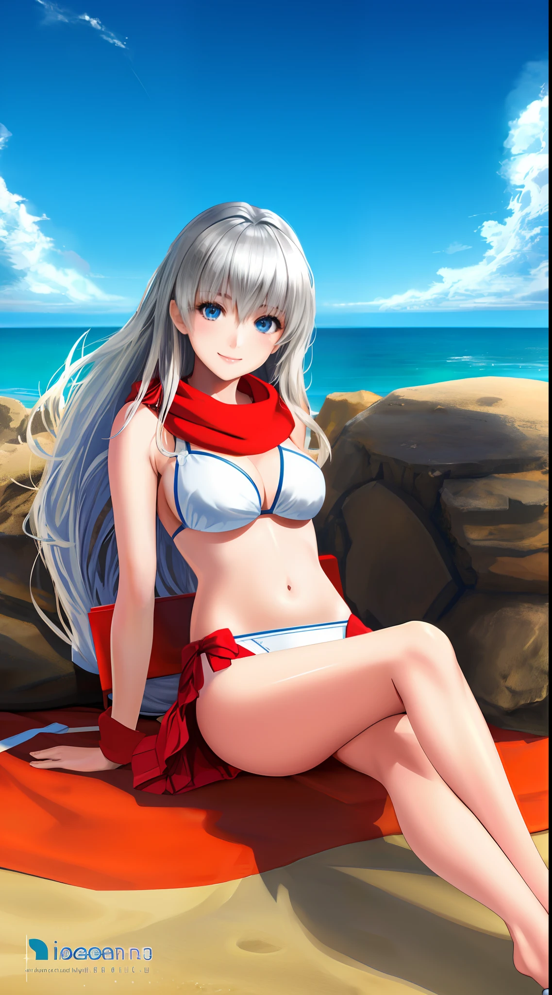 masterpiece, best quality, high-res, full body, silver-haired young girl, blue, eyes, long hair, beautiful body and face, white bikini, sitting on the white sand, red skirt, beach, book, red scarf, ball, sand castle, innocent smile, stable diffusion v5, dynamic, image enhance, dream shape, vibrant, realistic face, 8k quality, upscale, sharp focus, Anime artstyle