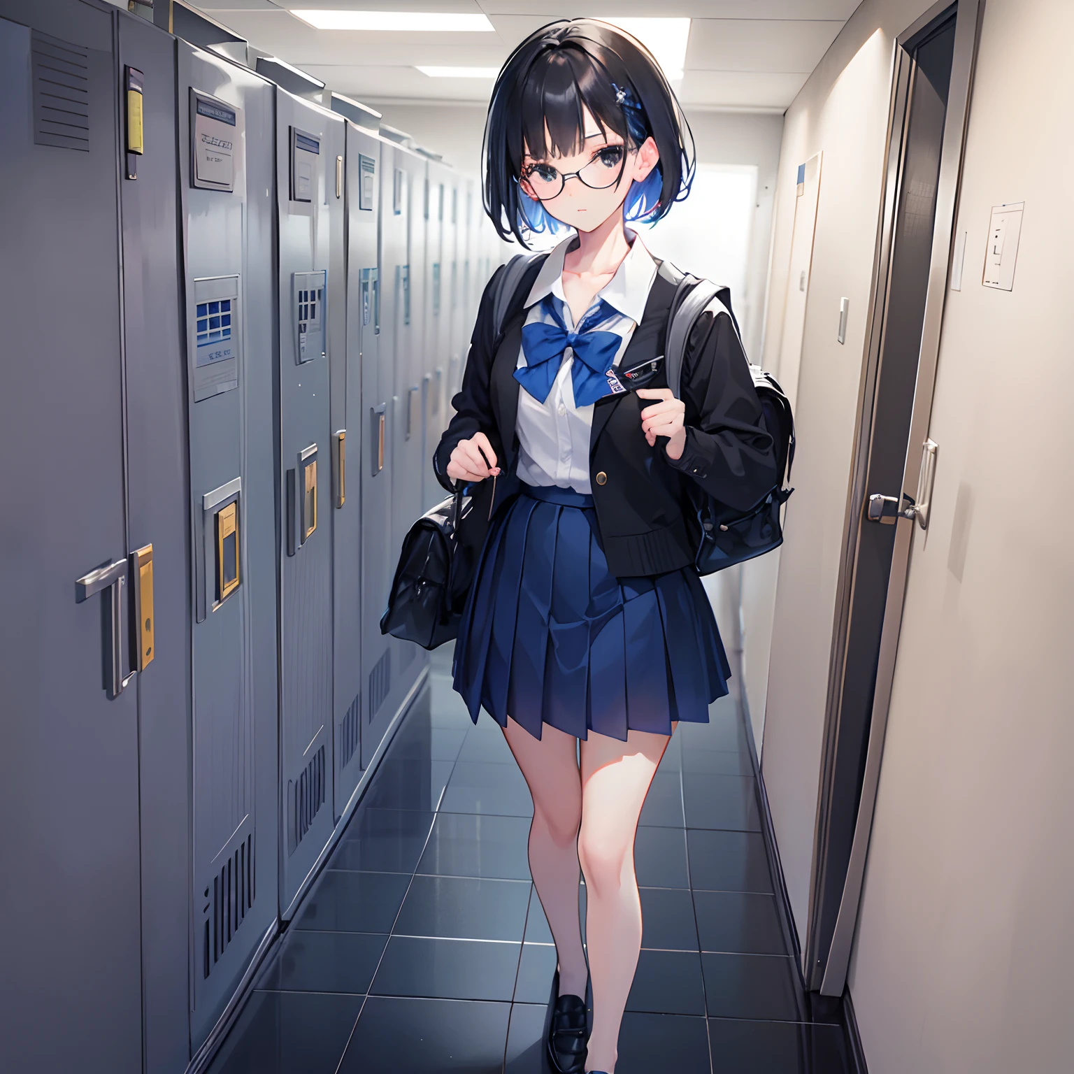 (best quality,ultra-detailed,highres,realistic), age girl with black short hair and black eyes,wearing glasses, dressed in a plain school
uniform consisting of a royal blue bow, blue gingham skirt, and black shoes, standing in a school corridor, holding a backpack.
,portraits,vivid colors,studio lighting,college,books,math formulas,clock,classroom door,lockers,students in the background, 