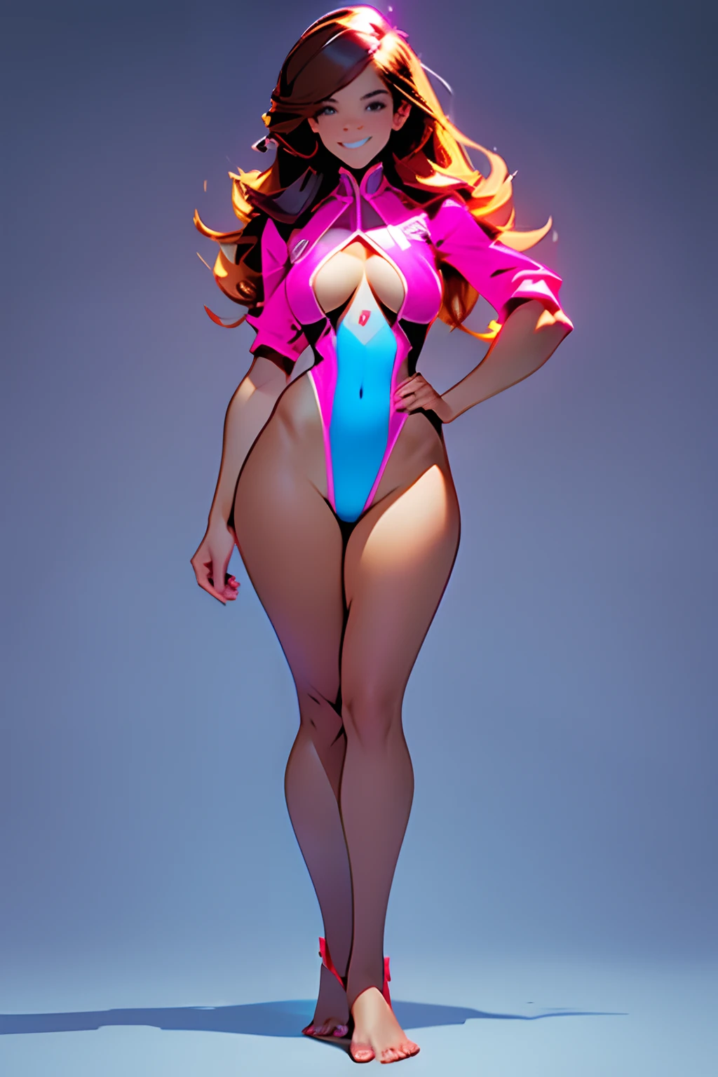 full body view of adult Emma Watson as D.VA from overwatch in her classic blue and pink textile full bodysuit uniform standing still looking at viewer, slim body, long wavy brown red floating hair, bangs, cute smile, shy grin, Full body, Perfect composition golden ratio, masterpiece, best quality, 4k, sharp focus, perfect ???????, no shoes, beautiful feet, full body, full body shot, 1girl, action pose, nsfw, big breasts, blue thong, full body, transparent background, no shoes, bare feet, ????? feet, beautiful feet,thick thighs, thigh gap, cameltoe, big breasts, hard nipples, perky tits,