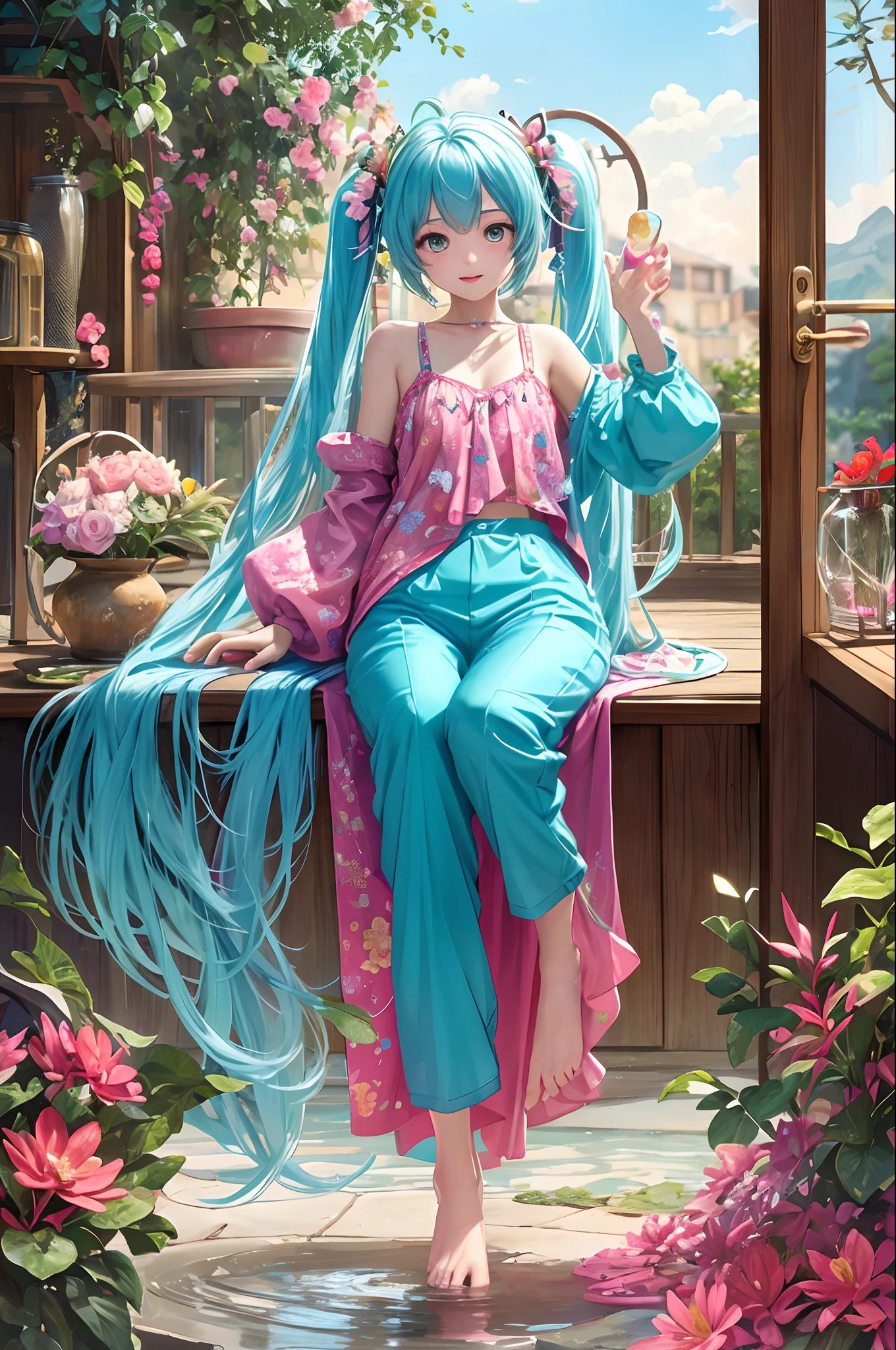 (masterpiece、top-quality、Official art:1.2)、(colourfull)、miku hatsune、see the beholder、1girl in、portlate、独奏、Colorful water levitation、Lying girl、realisticlying、She wears long pants、Wearing pink pajamas、Cute、A sexy、