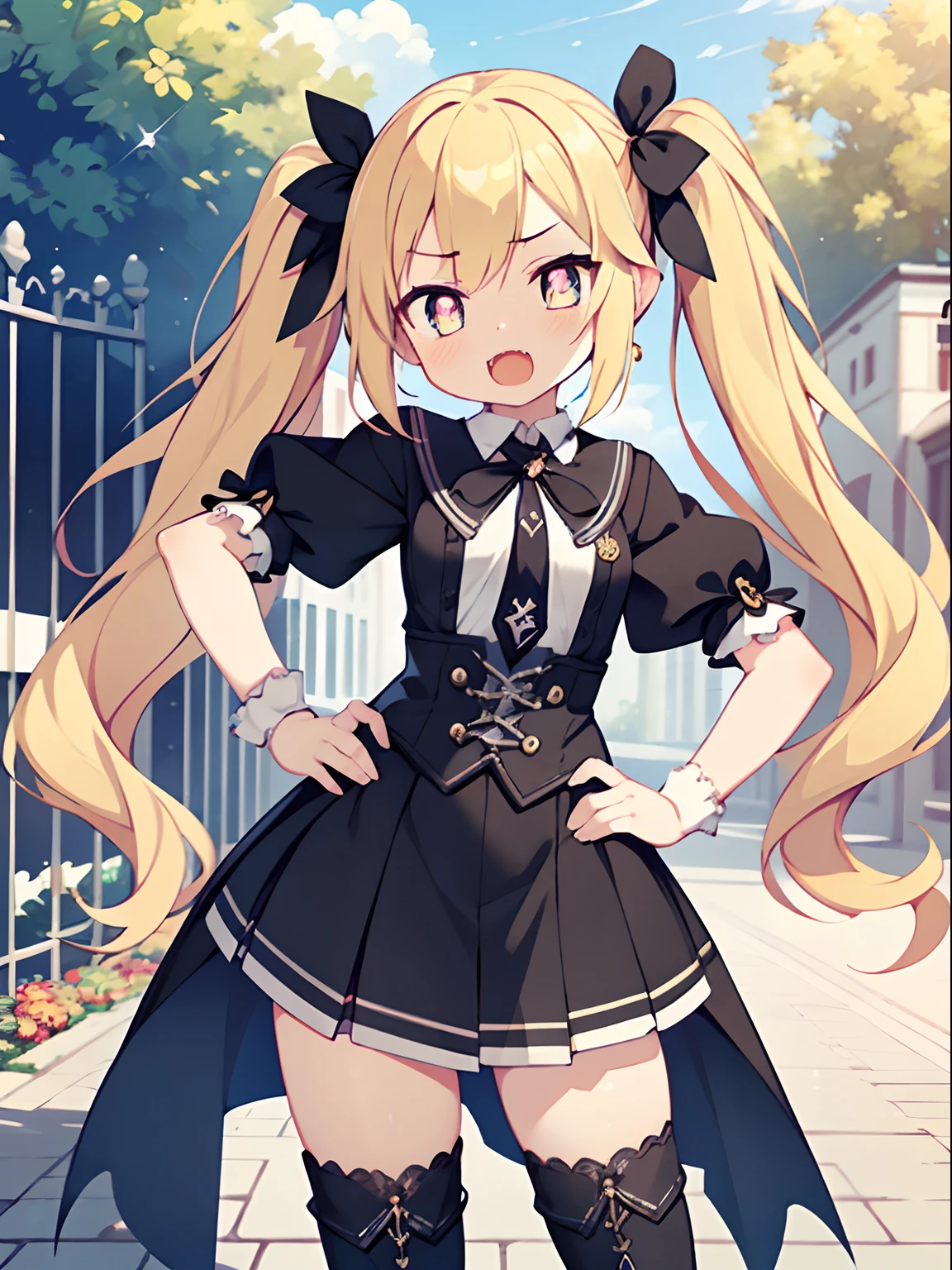 A girl, Lolita style, maid, blonde hair, long hair, twin tails, long twin tails, bangs, heterochromatic eyes, one pupil is purple, one pupil is gold, black stockings, stockings, flesh Legs, lift skirt to reveal panties, black lace panties, panties, briefs, lace, lace briefs, translucent briefs, blush, tenderness, smile, high quality, don't show excessive composition problems, masterwork, skin Fair, smooth skin, clear pupils, high-definition picture quality, perfect composition, fine characterization, extreme details, coordination of light and shadow, precise body proportions, (correct proportions of facial features), (exquisitely sculpted face), epic works, 8K, (Masterpiece), (High Quality), (Super Detailed), ((Illustration))