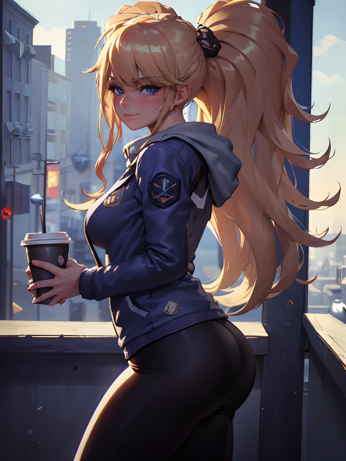 (masterpiece, best quality:1.4),  (modern days), (cowboy shot), 1girl, solo, pov, sfw,

stunning girlfriend, (standing:1.1), dynamic pose, (white oversized sweater, knit sweater:1.4), (tight yoga pants, dark grey yoga pants:1.4), (short navy blue jacket, denim jacket:1.4), long blonde hair, swept bangs, heart shaped face, elegant face, beautiful face, highly detailed face, highly detailed skin, skin pores, subsurface scattering, (detailed blue eyes), realistic pupils, large breast, loving smile, looking at viewer, full face blush, full lips, holding a single coffee cup, centered,

coffee shop in background, city street, sunny day, wind, detailed background, depth of field, atmospheric perspective, volumetric lighting, sharp focus,

absurdres, realistic proportions, good anatomy, (realistic, hyperrealistic:1.4), 16k hdr, sexy