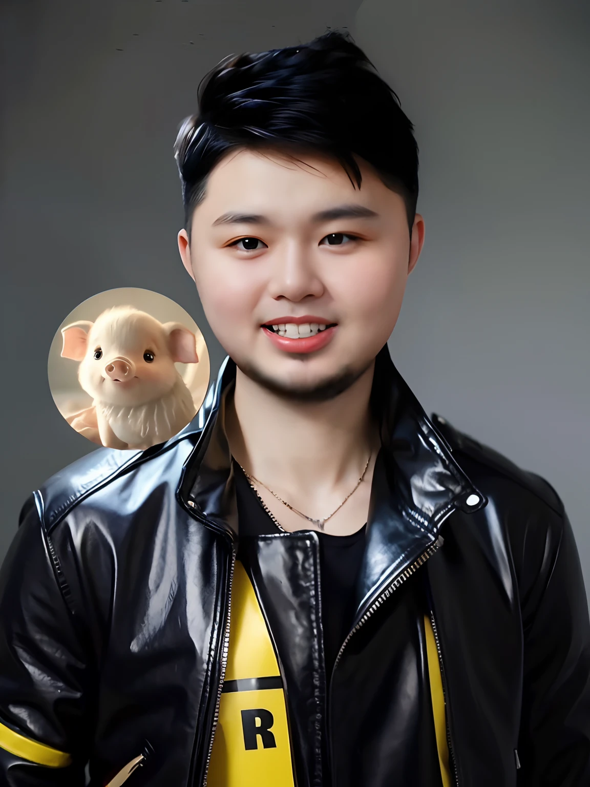 Handsome boy,Wear a PVC leather jacket