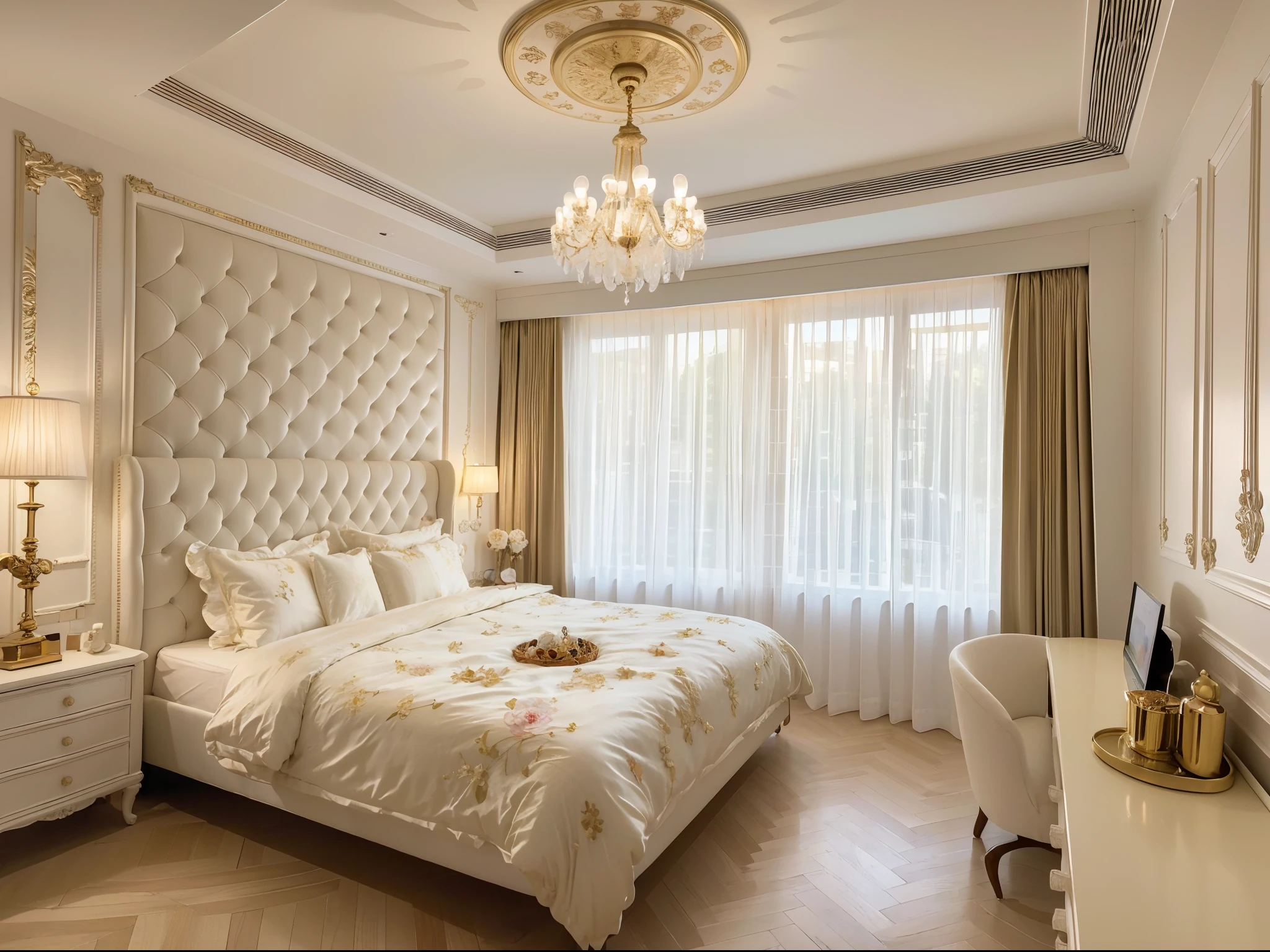 (best quality,8k,ultra high res., masteriece:1.2),(photorealistic:1.4),(soft, ethereal) lighting, fairy-tale like ambiance, a bedroom filled with warmth and elegance. The golden glow of gentle lighting illuminates the luxurious wallpaper adorned with intricate floral patterns, while the snow-white velvet bedding exudes a sense of delicate charm. Fluttering butterflies adorn the walls in a grand mural, as if ready to transport you into a dreamlike realm. The melodious background music fills the space, painting a picture-perfect atmosphere. This is a sanctuary for the soul, where you can indulge in your own sweet happiness.