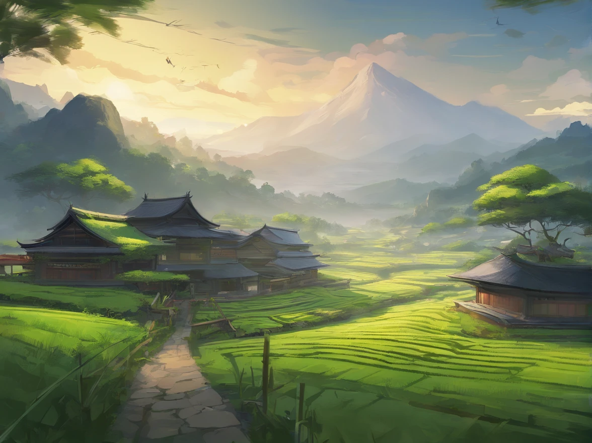 Masterpiece、realisitic、Real photo、segment々field、mont、Lodge、rice fields、rice fields、Beautiful rice seedlings in rice fields、Foggy rain、vila、agriculture、Tranquil landscape、Foggy weather、Vast tranquil landscape、early morning、Morning fog、Behind a small village、foggy、countryside in japan、Thatched roof 、
