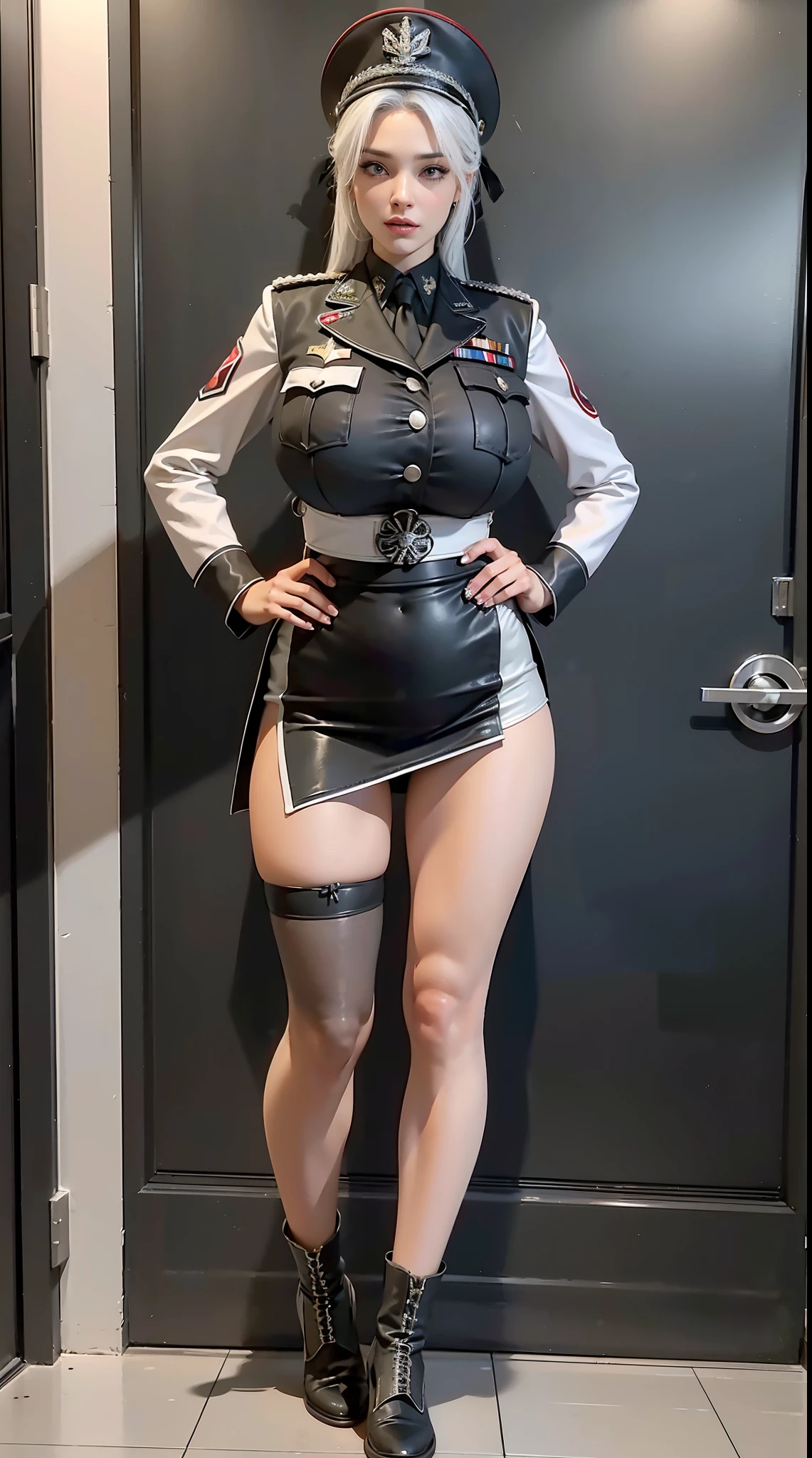 physically-based rendering, 1girl, white hair, Female soldier, (huge fake breasts:1.2), sexy muscular body, slim waist, big buttocks, (Full body:1.3), skintight army military crop top uniform, short military skirt uniform, black stocking.