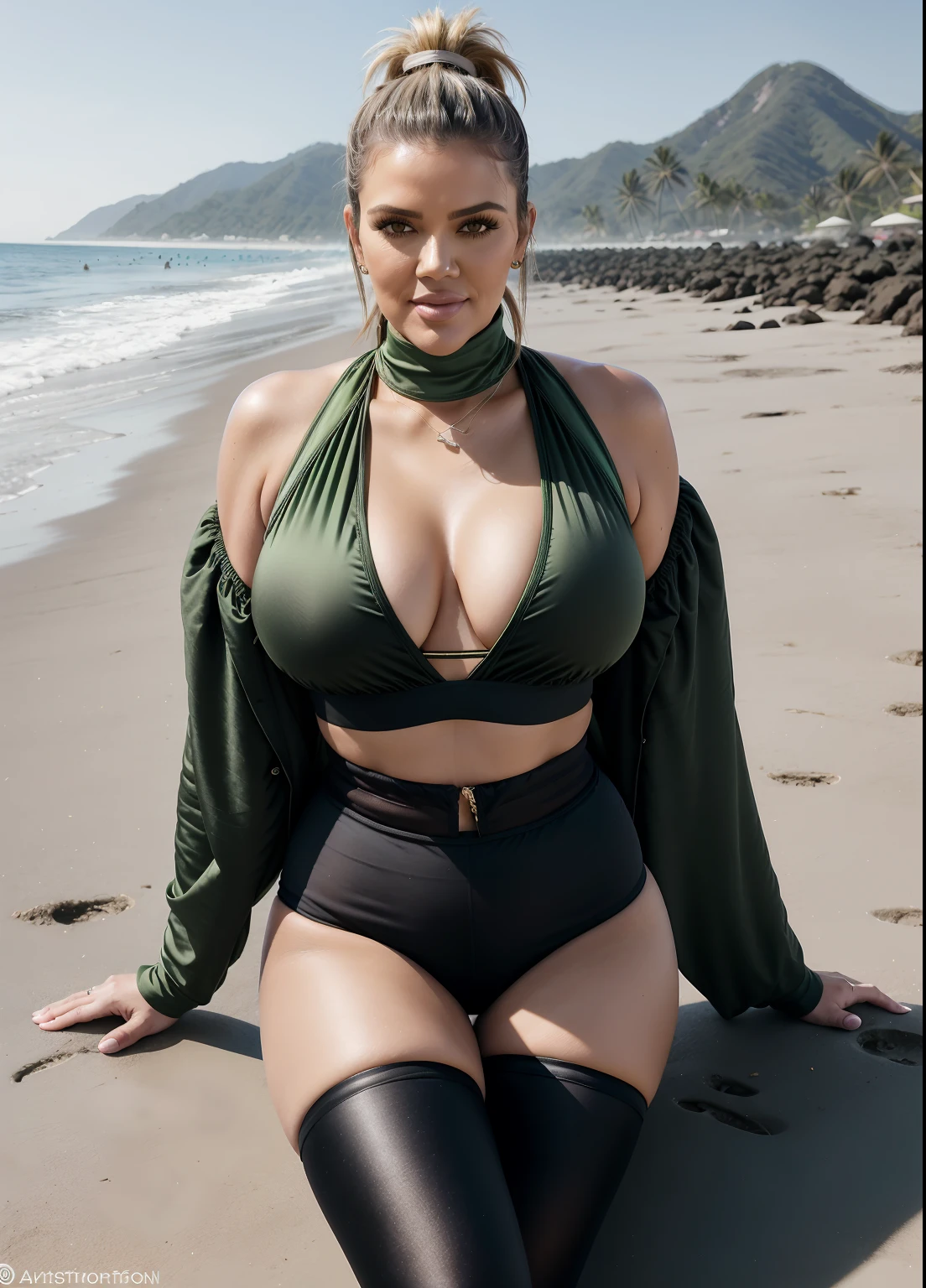 Khloé Kardashian, thigh high boots, ponytail tied hair, green tight shorts hot pants, satin shirt, bright sunny day scene, athletic milf body, posing in beach, hourglass milf figure, seductive face, look at a camera and smile, erotic adult face, 42 yo, soft volumetric lights, intricate details, (ArtStation:1.2)