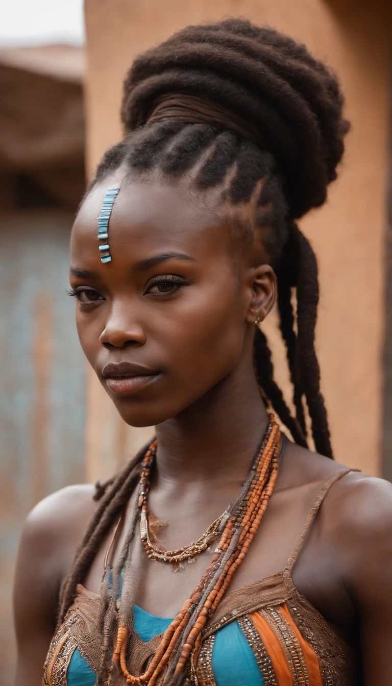 African Tribal village theme, 1girl, ethnic zulu warrior princess, deep black skin, kanzu outfit, traditional voodoo face paint, natural hair, african neck rings, broad african village background, detailed tribal tattoos, wild natural portrait photography, The composition should be bathed in the hot, desertic peak of day, with a gentle depth of field and soft bokeh that capture the ritualistic essence of african tribes. Capture the image as if it were taken on an old-school 35mm film for added charm. film portrait photography, 35mm film, filmg, <lora:AddDetail:0.6>, <lora:FilmG3:0.7>, <lora:LowRA:0.25>