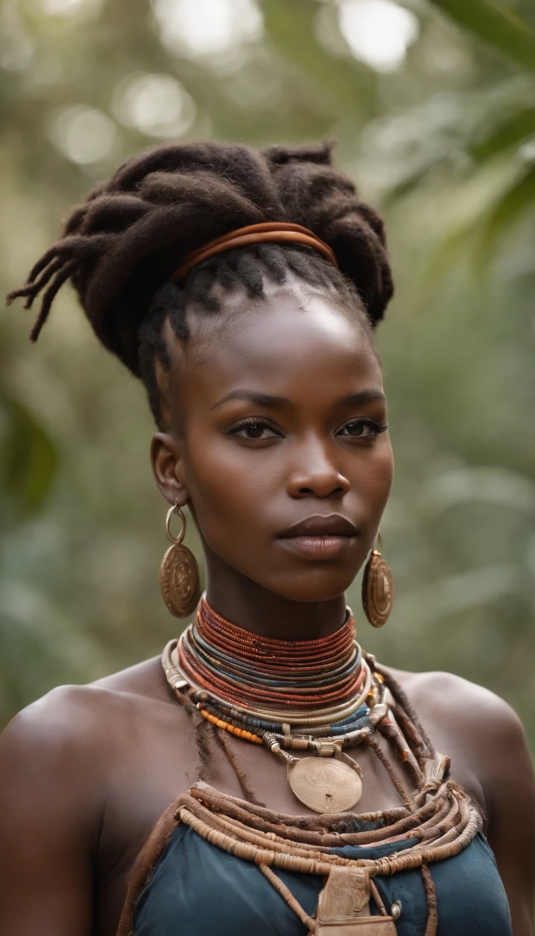 mulher com dreadlocks e um cocar colorido, estilo afrofuturismoo, afrofuturismo, Rainha africana, Princesa africana deslumbrante, Princesa negra africana, futurista himba adolescente, Afrofuturista, Futurista Himba Jovem Mulher, Princesa Africana, cosplay ornamentado, afrofuturista, pele escura deusa feminina do amor, mulher Himba futurista bonita, afrocentric mysticism