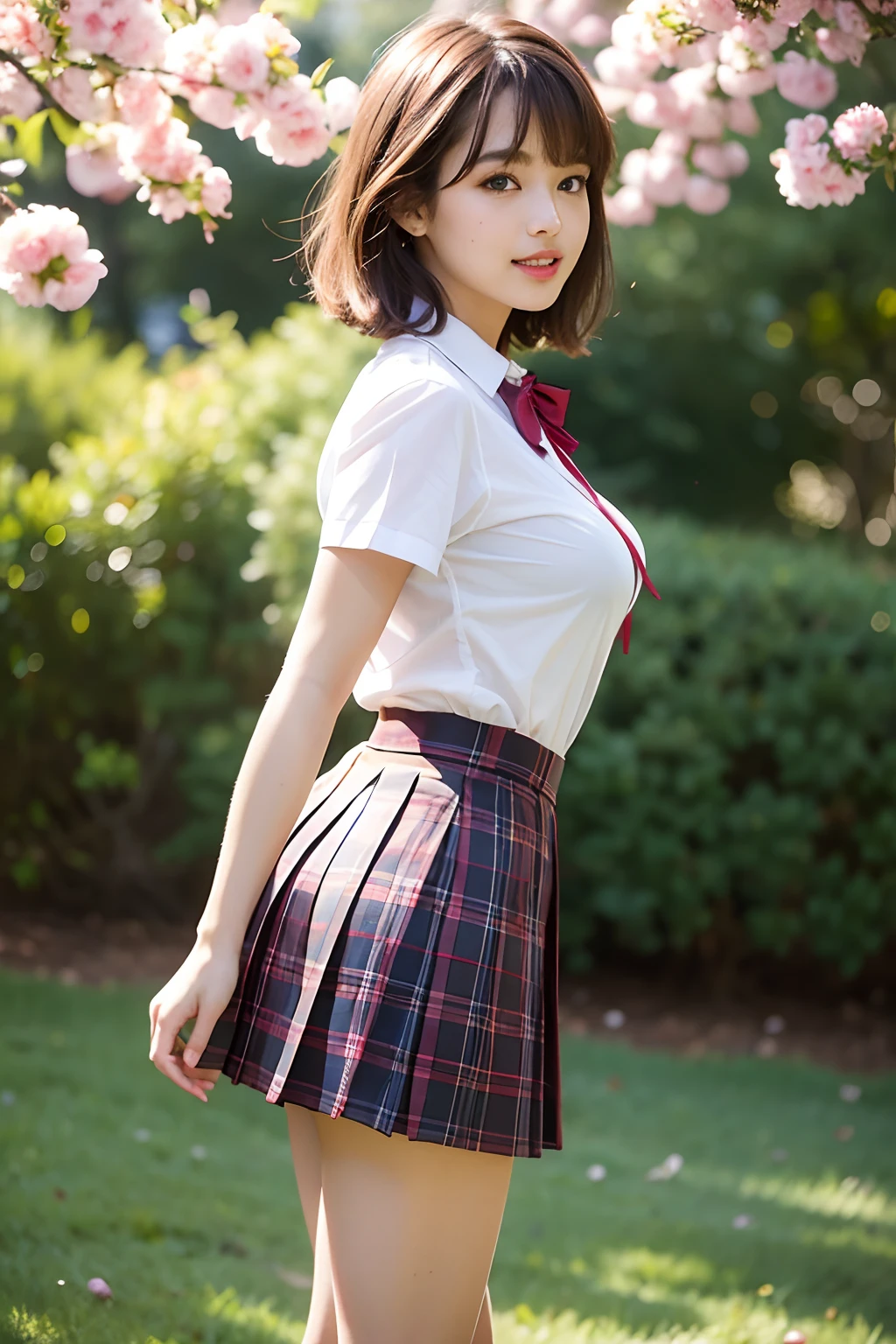 nsfw, 8K raw photo, Best quality, masterpiece, ultra high res, film grain, filmg, 1girl, looking at viewer, natural skin texture, realistic eye and face details, full lips, lipstick, (makeup), red eyeshadow, fluffy short hair, messy hair, smile, close mouth, beautiful legs, tall female, skinny, slim_legs, solo, enormous breast, cleavage, Pose with buttocks facing you, ultra short skirt, ass, shirt, beautiful nature location, around flower location, (detailed background), plaid skirt, white shirt, enormous breast, cleavage, Show a little cleavage through the shirt, loafers, blurry background, blurry, holding, plaid, short sleeves, jk ribbon on the neck, jk ribbon, brown hair, bracelet, water, bangs, school uniform, jewelry, parted lips, lips, from side, pleated skirt, depth of field