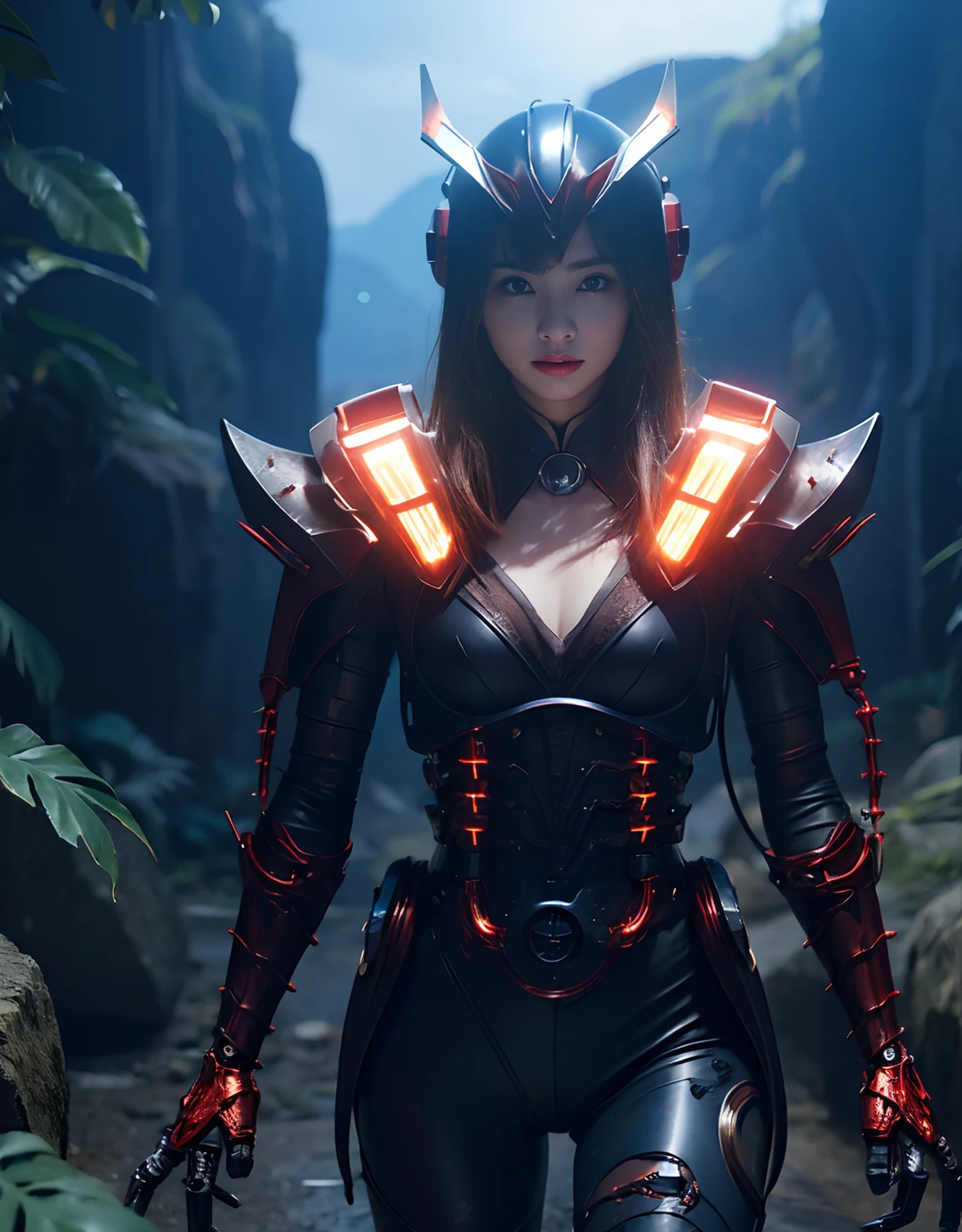 (Fierce battle with demonic beasts)、top-quality、​masterpiece、超A high resolution、(Photorealsitic:1.4)、Raw photo、1人、Devil's Bodysuit、glowy skin、(((1 Mechanical Girl)))、With a beautiful knife、（Blue Metal Bodysuit）、（Please wear a mechanical helmet）、(beautiful forest background)、Precipitous cliffs、(Small LED)、((super realistic details))、portlate、globalillumination、Shadow、octan render、（One-Eyed Scouter）、8K、ultrasharp、Colossal tits、Raw skin is exposed in cleavage、metals、Details of complex ornaments、Japan details、highly intricate detail、Realistic light、CGSoation Trends、Red Eyes、radiant eyes、Facing the camera、(Fierce battle with aliens)neon details、(Mechanical limbs)、(blood vessels connected to tubes)、Mechanical vertebrae attached to the back、mechanical cervical attaching to neck、(Wires and cables connecting to the head)、Gundam、Small LED、,Mechanical thighs、Toostock、（Hands are also made of machines）、（Please wear a mechanical helmet）、(Fierce battle with aliens)、