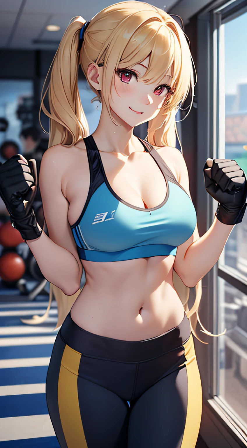 top-quality、Top image quality、masterpiece、girl with((18year old、Blue Sports Bra、Blue sports pants、Best Bust、Bust 90、Blonde twintails、Red Eyes、open chest wide、Valley、Happiness、A slender、ssmile,Fitness Boxing、globe、))hiquality、Beautiful Art、Background with((sports club))、masutepiece、Elaborate design、visualart、
