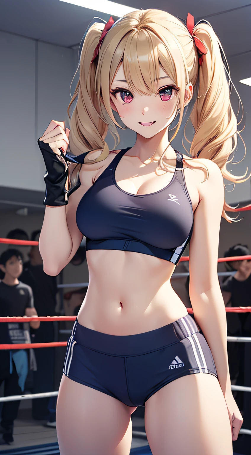 top-quality、Top image quality、masterpiece、girl with((18year old、Blue Sports Bra、Blue sports pants、Best Bust、Bust 90、Blonde twintails、Red Eyes、open chest wide、Valley、Happiness、A slender、ssmile,Fitness Boxing、globe、))hiquality、Beautiful Art、Background with((sports club))、masutepiece、Elaborate design、visualart、