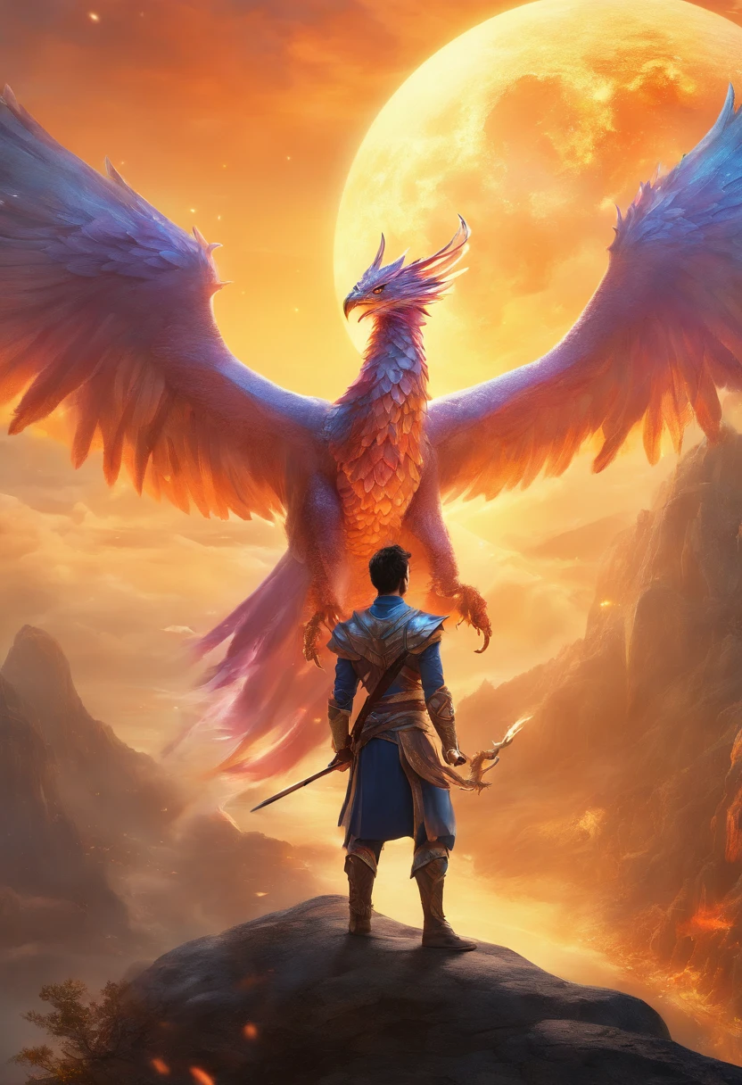 (best quality,4K,8K,high resolution,masterpiece:1.2), ultra-detailed,(realistic,photorealistic,photo-realistic:1.37), a young man, with a flying dragon and phoenix behind him